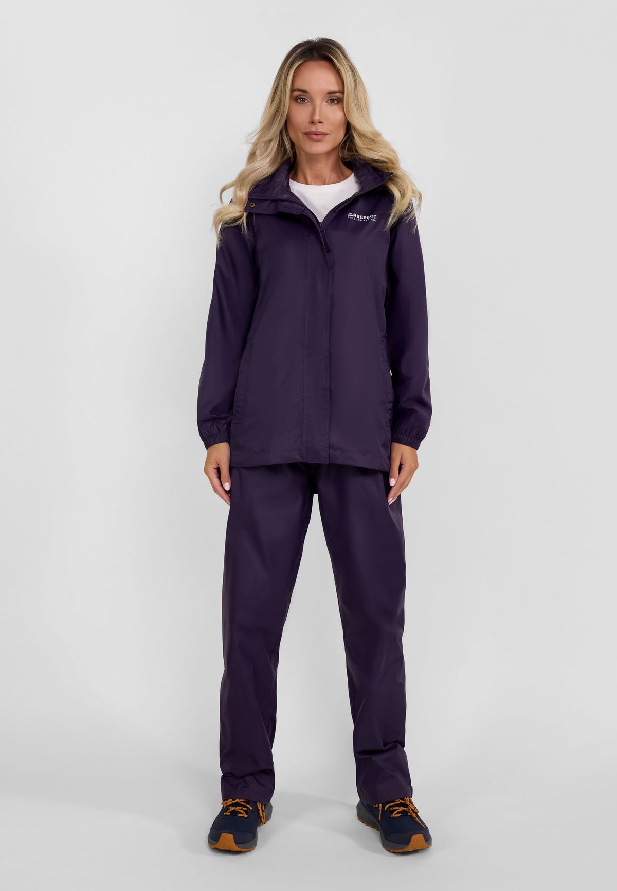 Purple packaway overtrousers, overtrousers worn front.