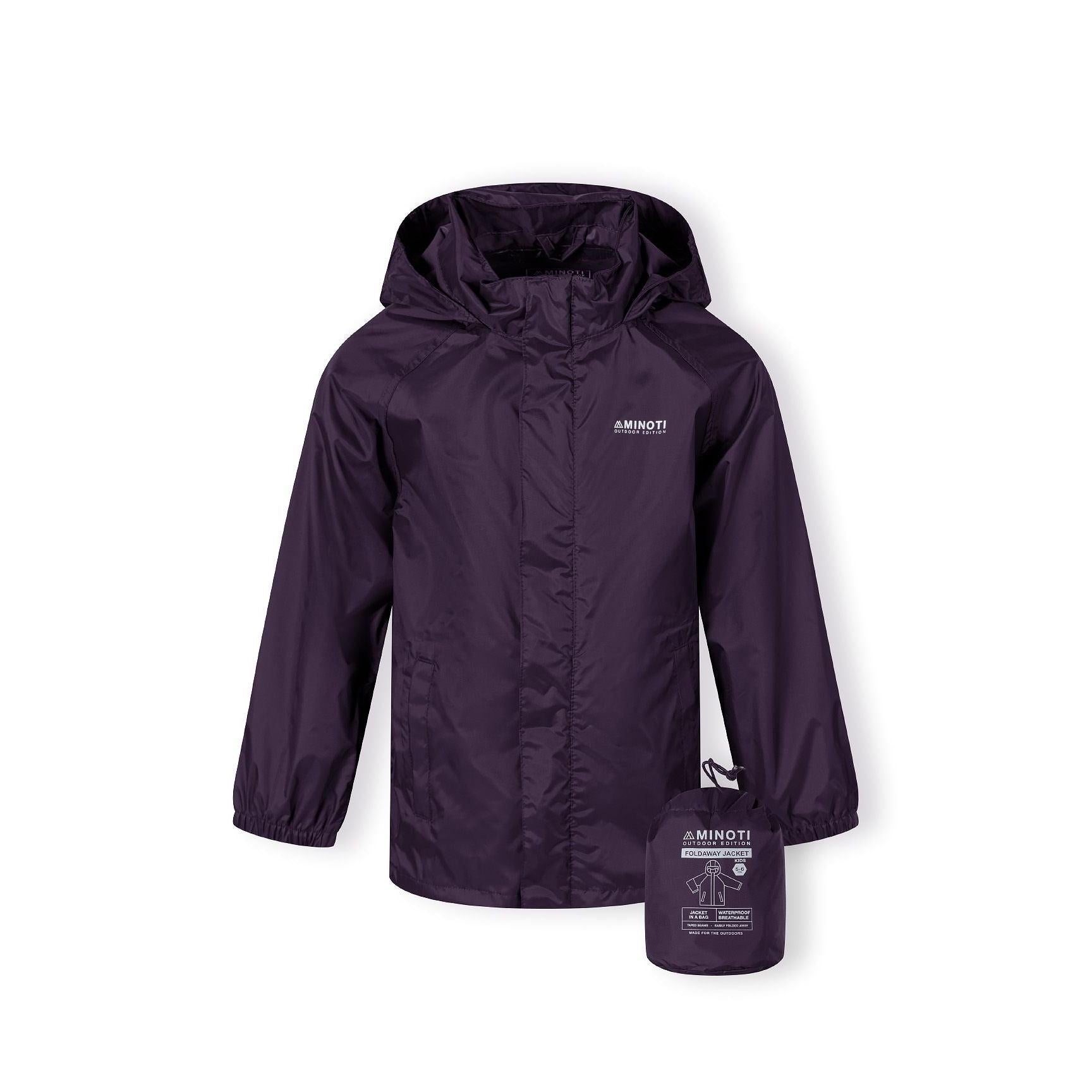 Purple packaway waterproof jacket laid flat showing compact storage pouch with Minoti branding on white background