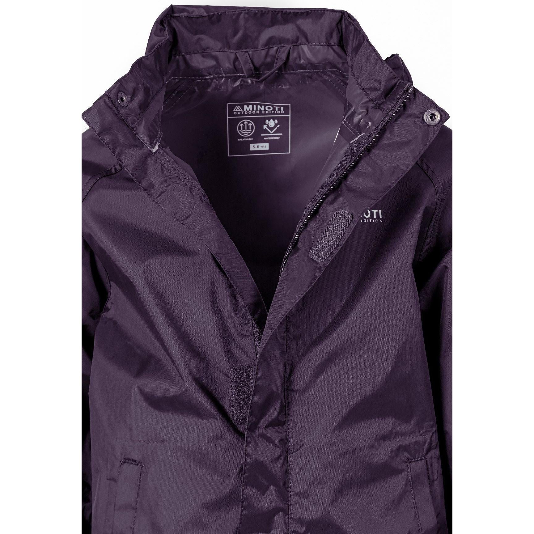 Interior view of purple waterproof jacket showing internal pocket with zipper closure in matching purple fabric