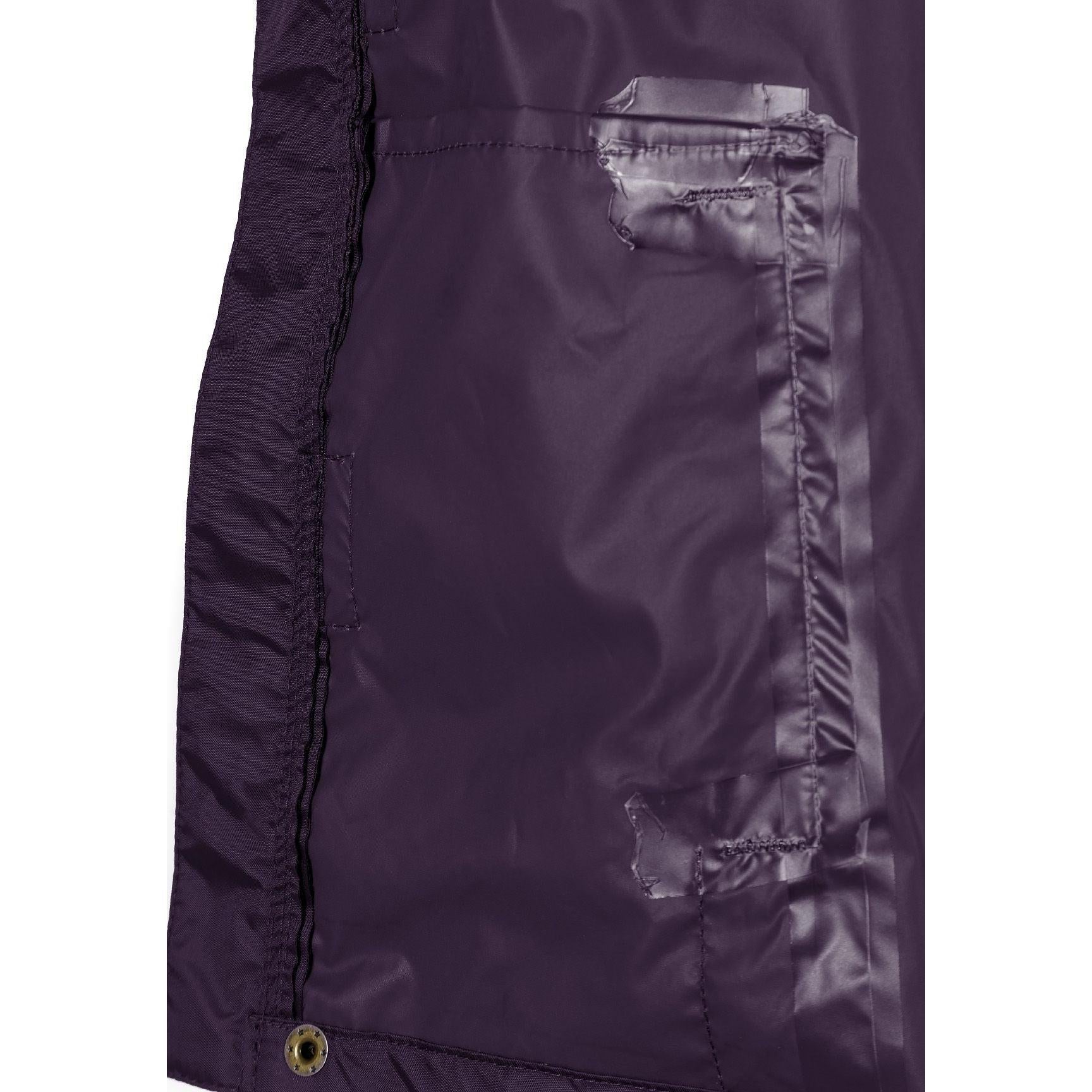 Interior view of purple waterproof jacket showing internal pocket with zipper closure in matching purple fabric