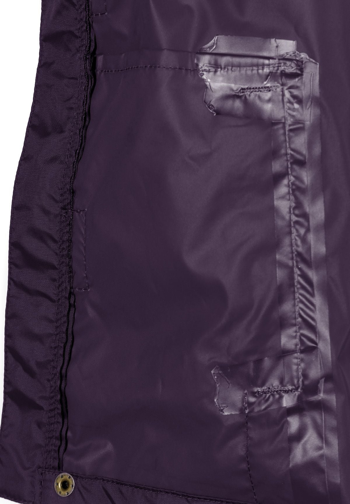 Detail of a purple kids packaway waterproof jacket with a zip and pocket.