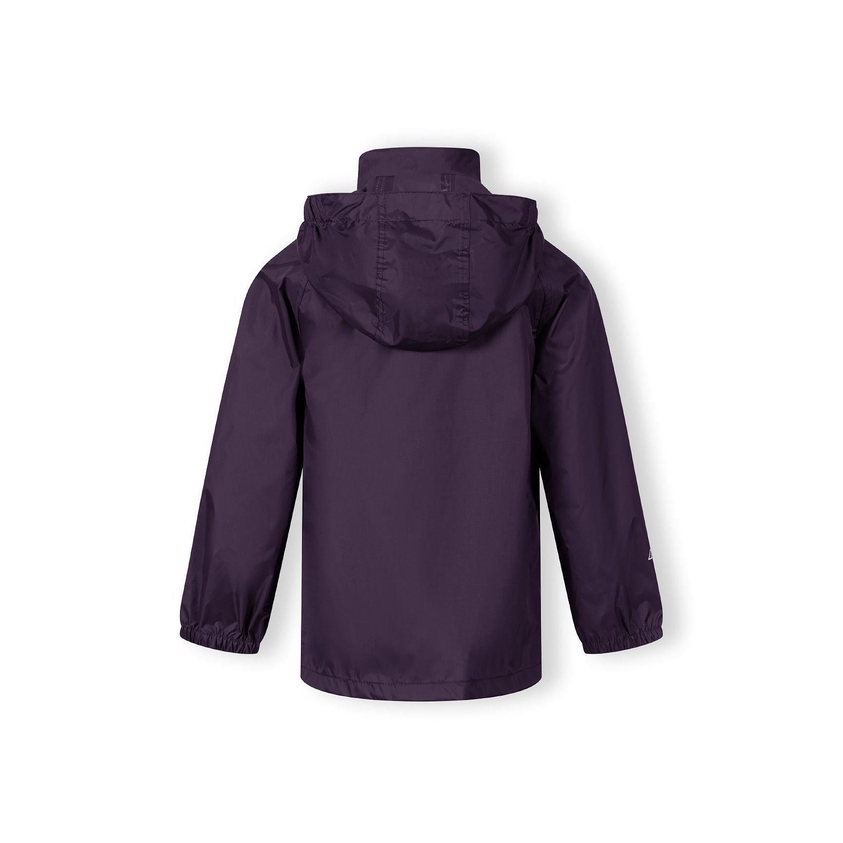 Interior view of purple waterproof jacket showing internal pocket with zipper closure in matching purple fabric