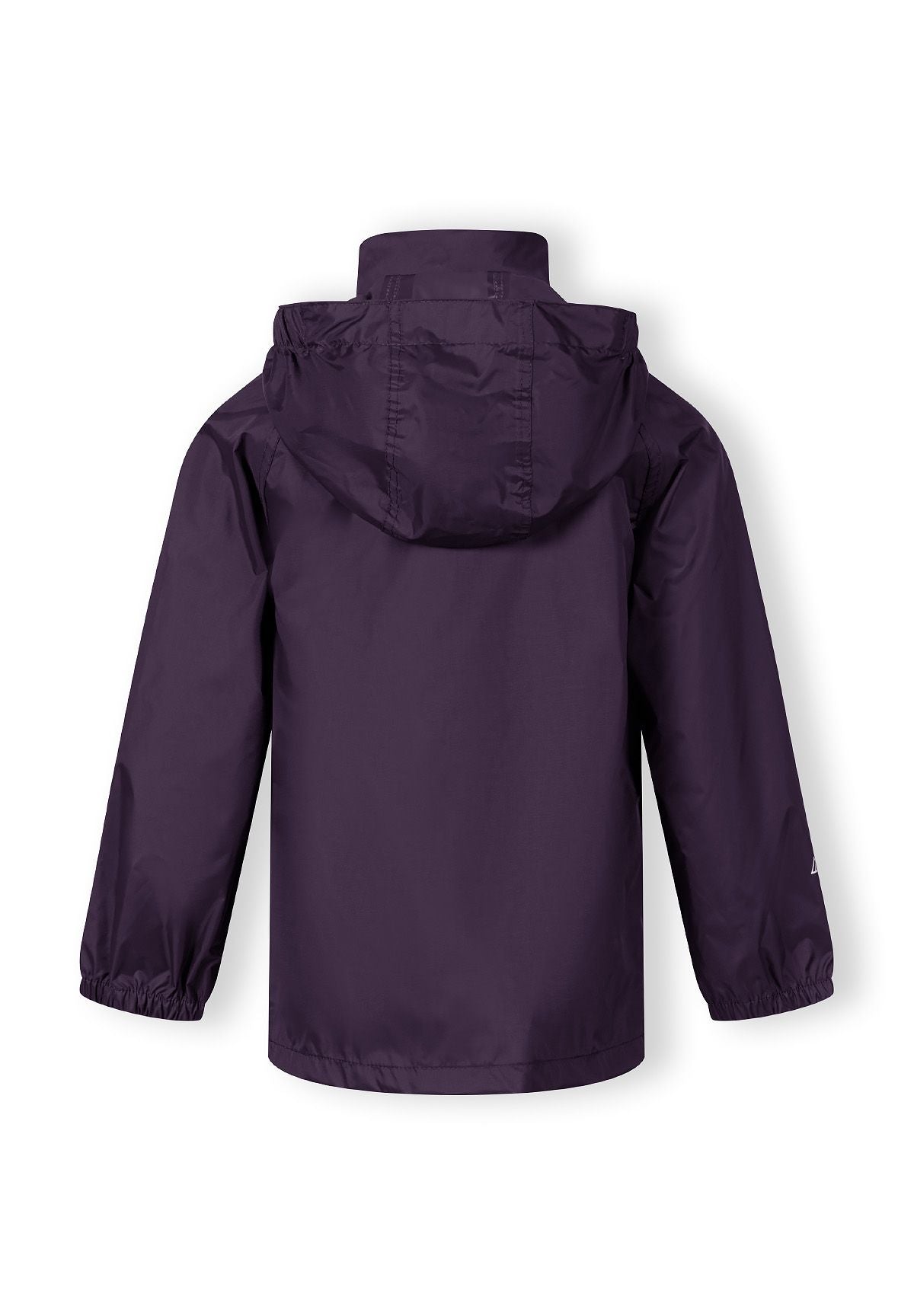 Kids packaway waterproof jacket in purple, back view with attached hood and elasticated cuffs.