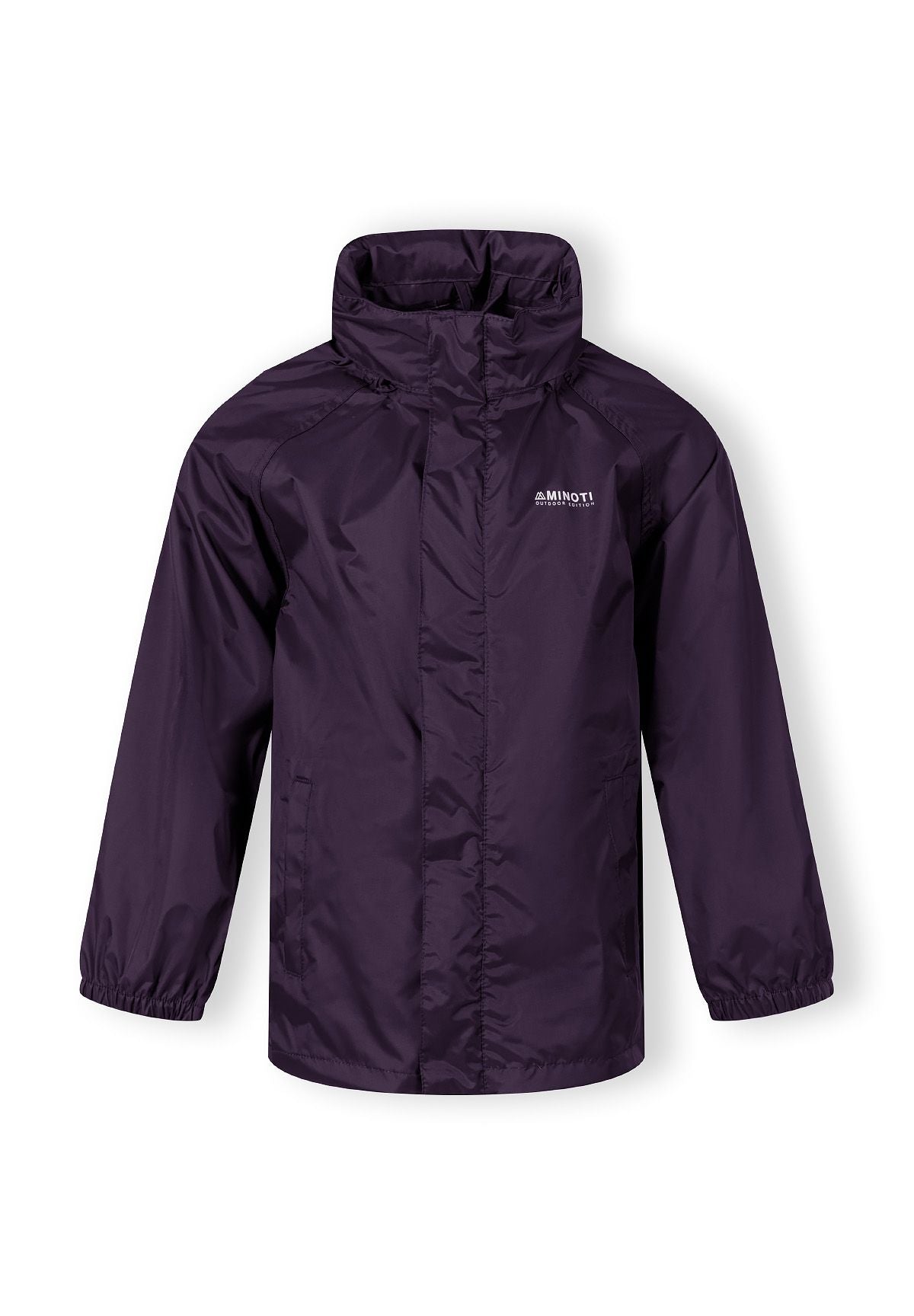 Kids waterproof jacket in purple, front view with zip and hood.