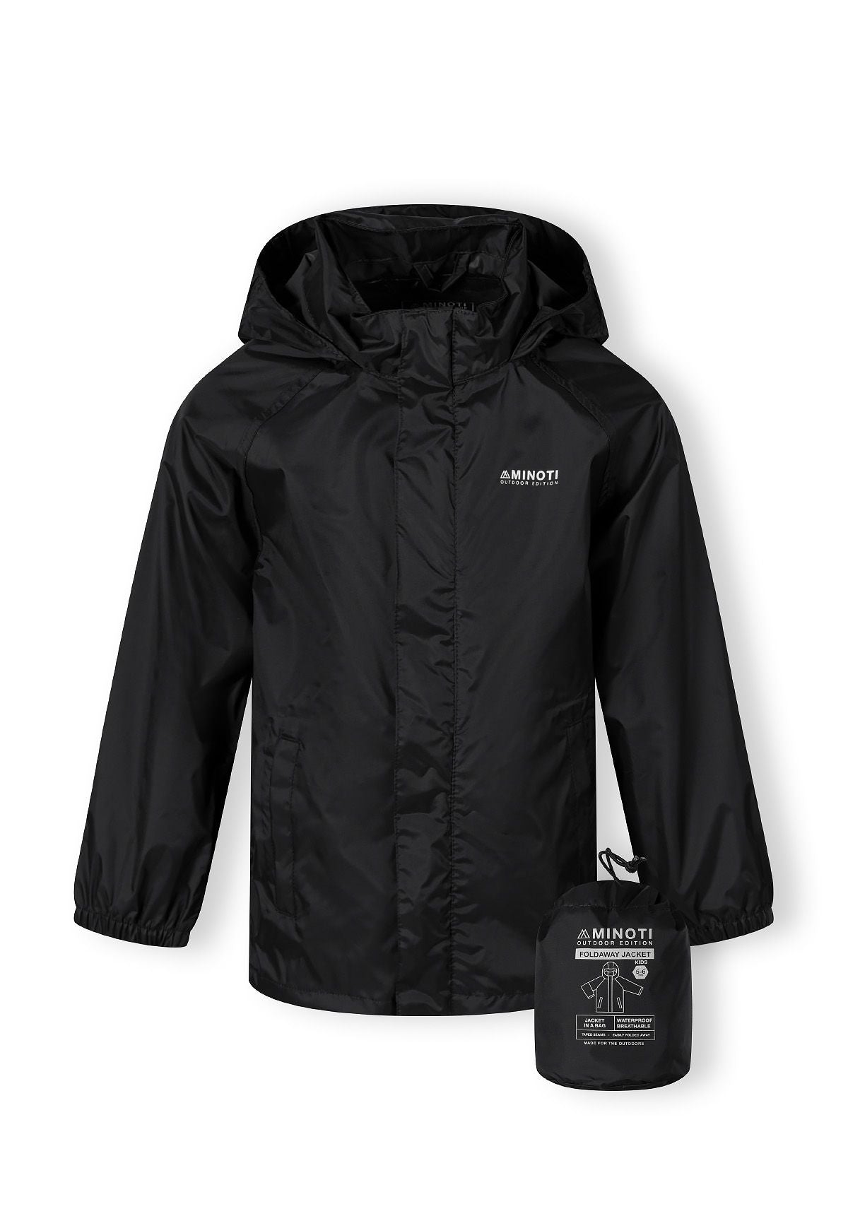 Boys black waterproof packaway jacket, front view with hood and full zip.