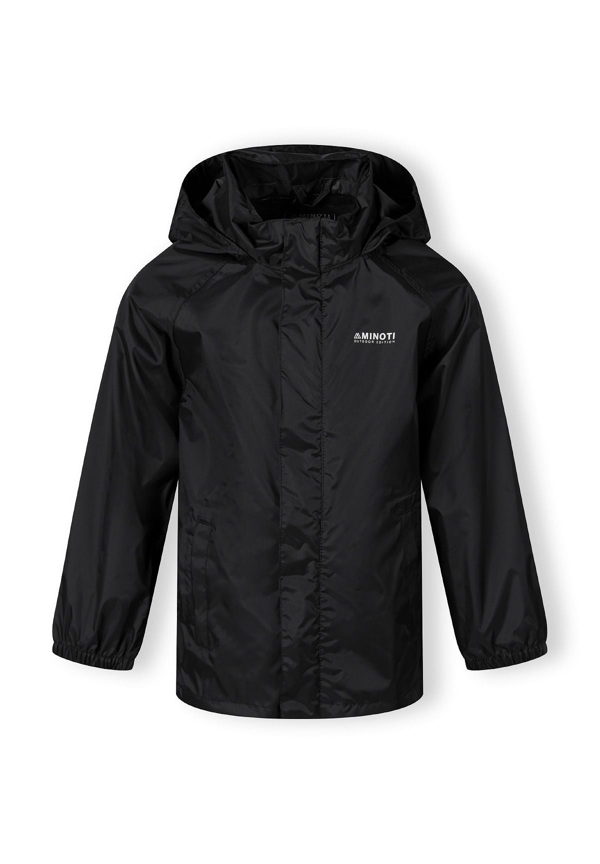 Boys black waterproof packaway jacket, front view, features hood and fitted cuffs.