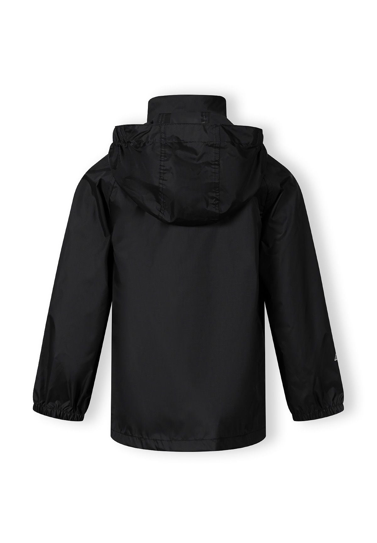 Back view of a black boys waterproof packaway jacket with a hood.