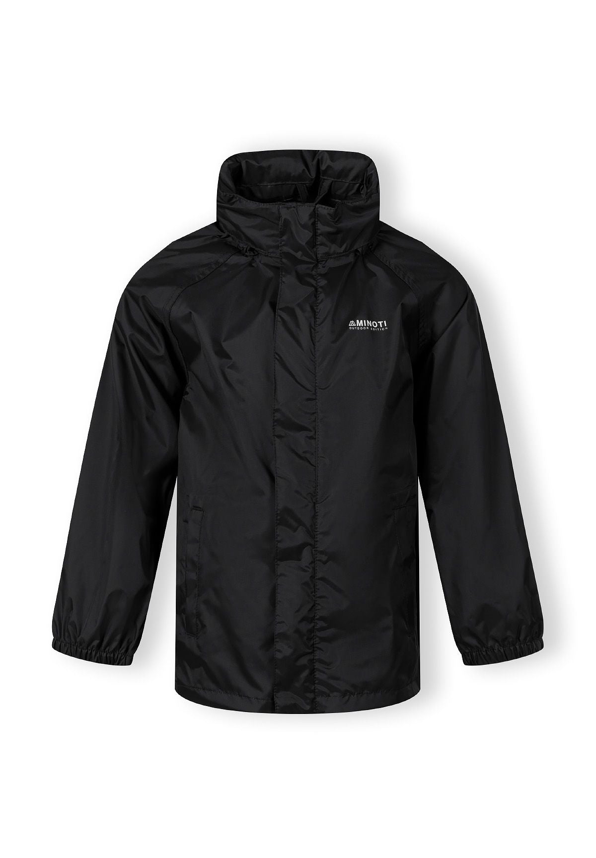 Boys black waterproof packaway jacket, front view with hood and fitted cuffs.