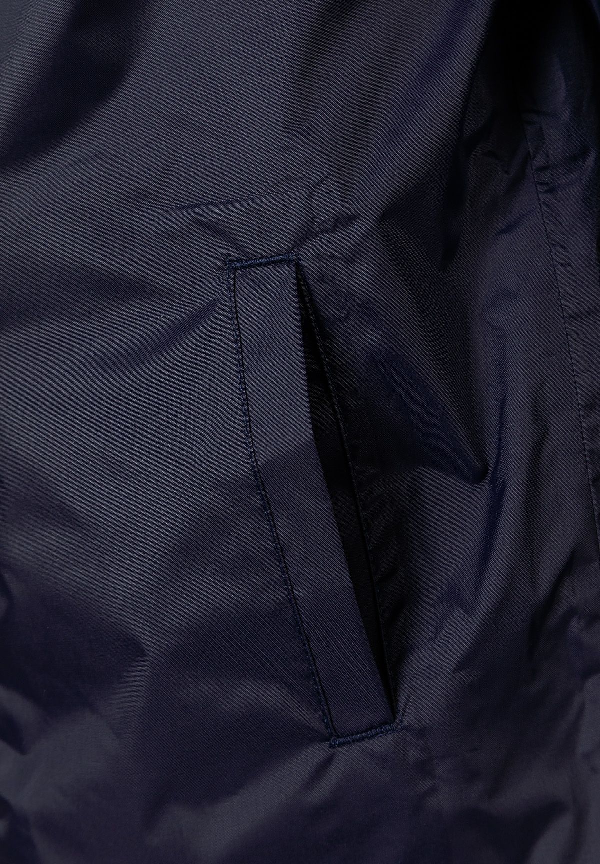 Detail of a navy waterproof jacket showing a side pocket.