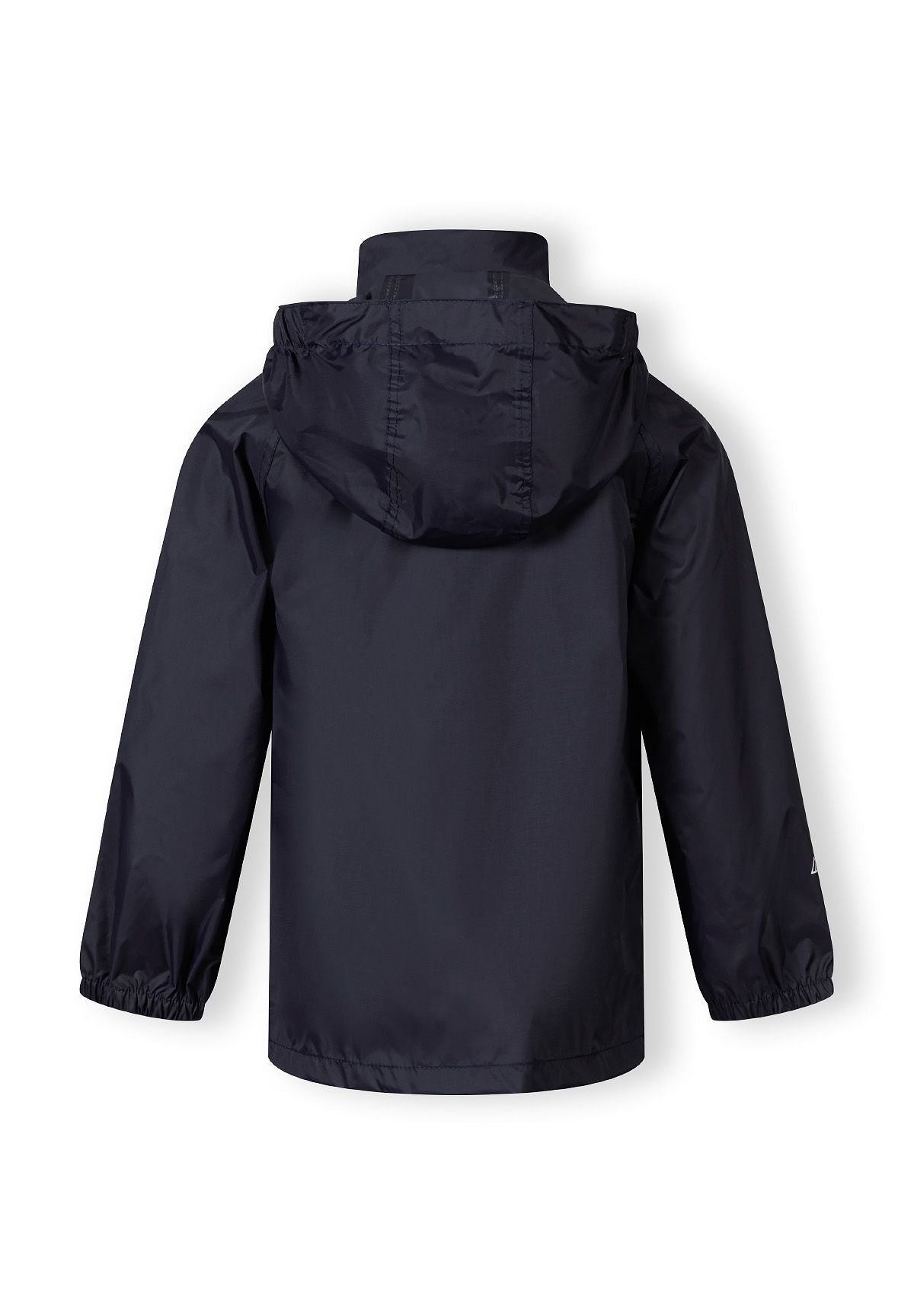 Back of a navy packaway hooded jacket.