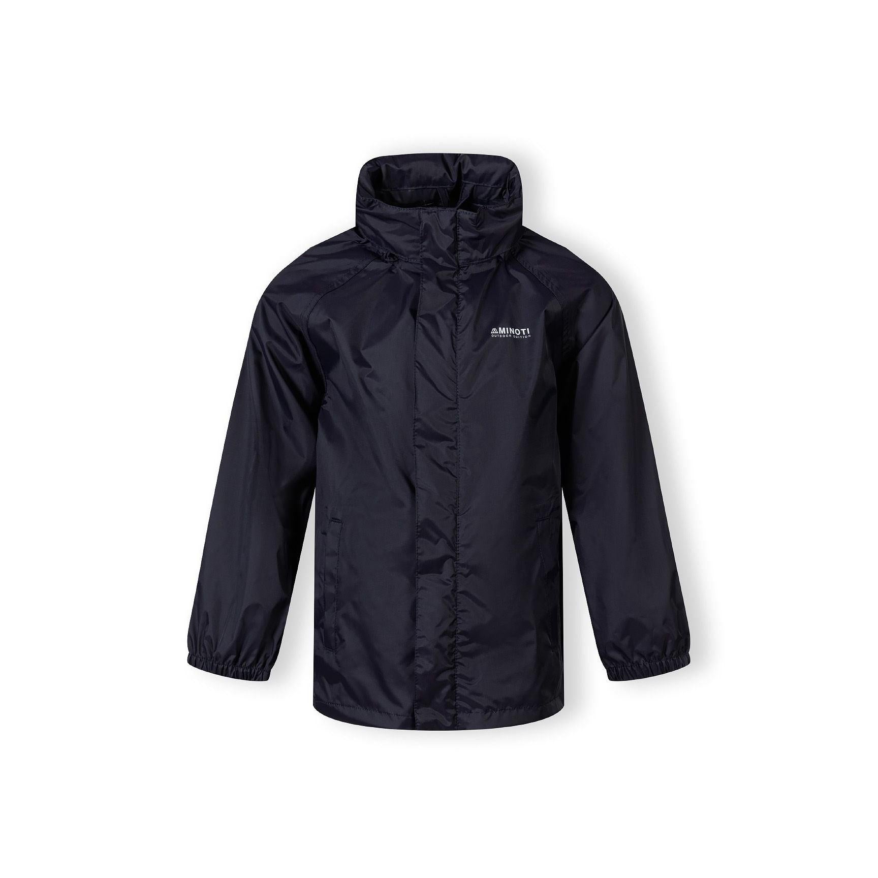 Navy packaway waterproof jacket laid flat showing front view with hood, zip closure and Minoti branding on chest