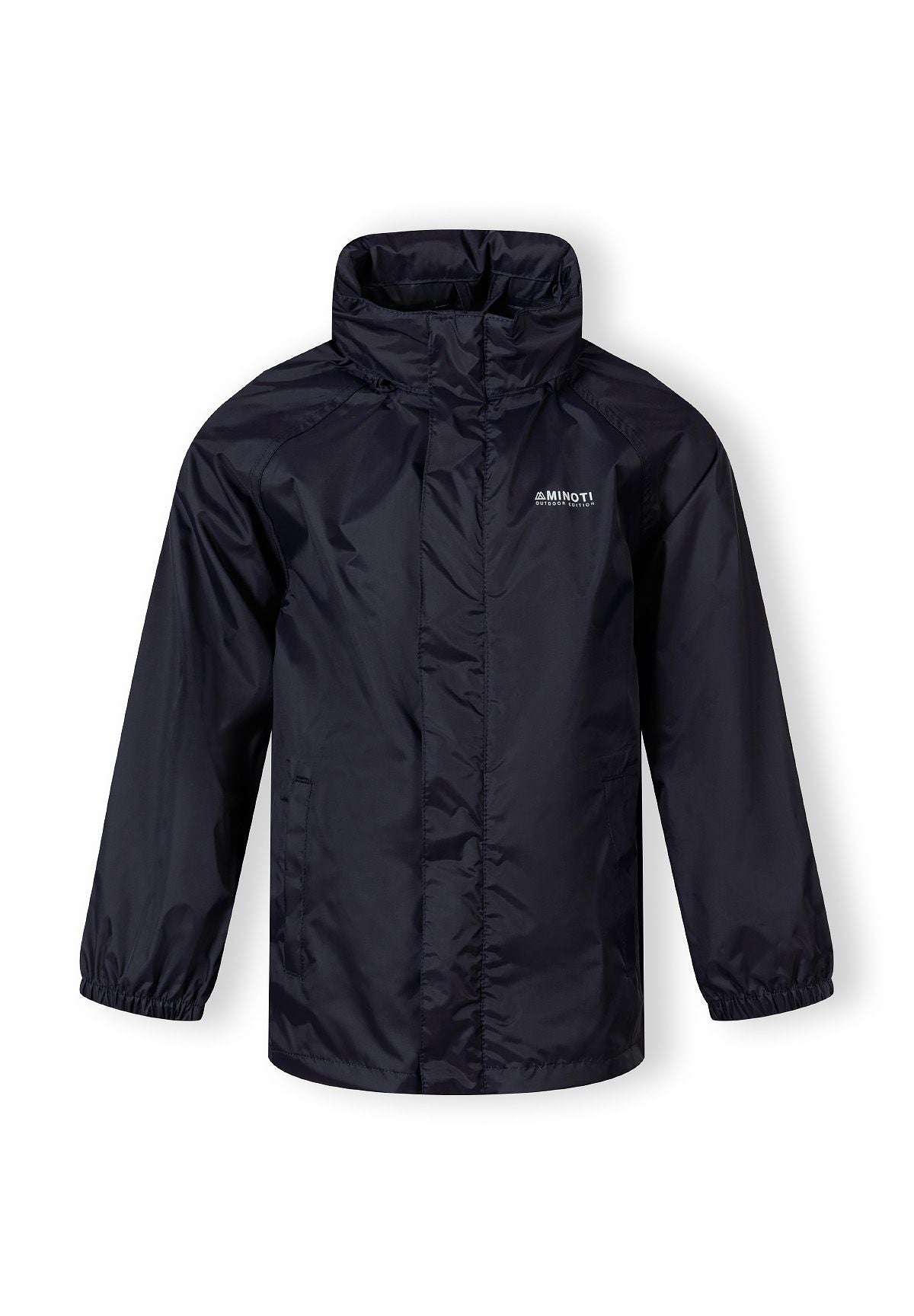 Front of the navy packaway hooded jacket, with the hood folded into the collar.
