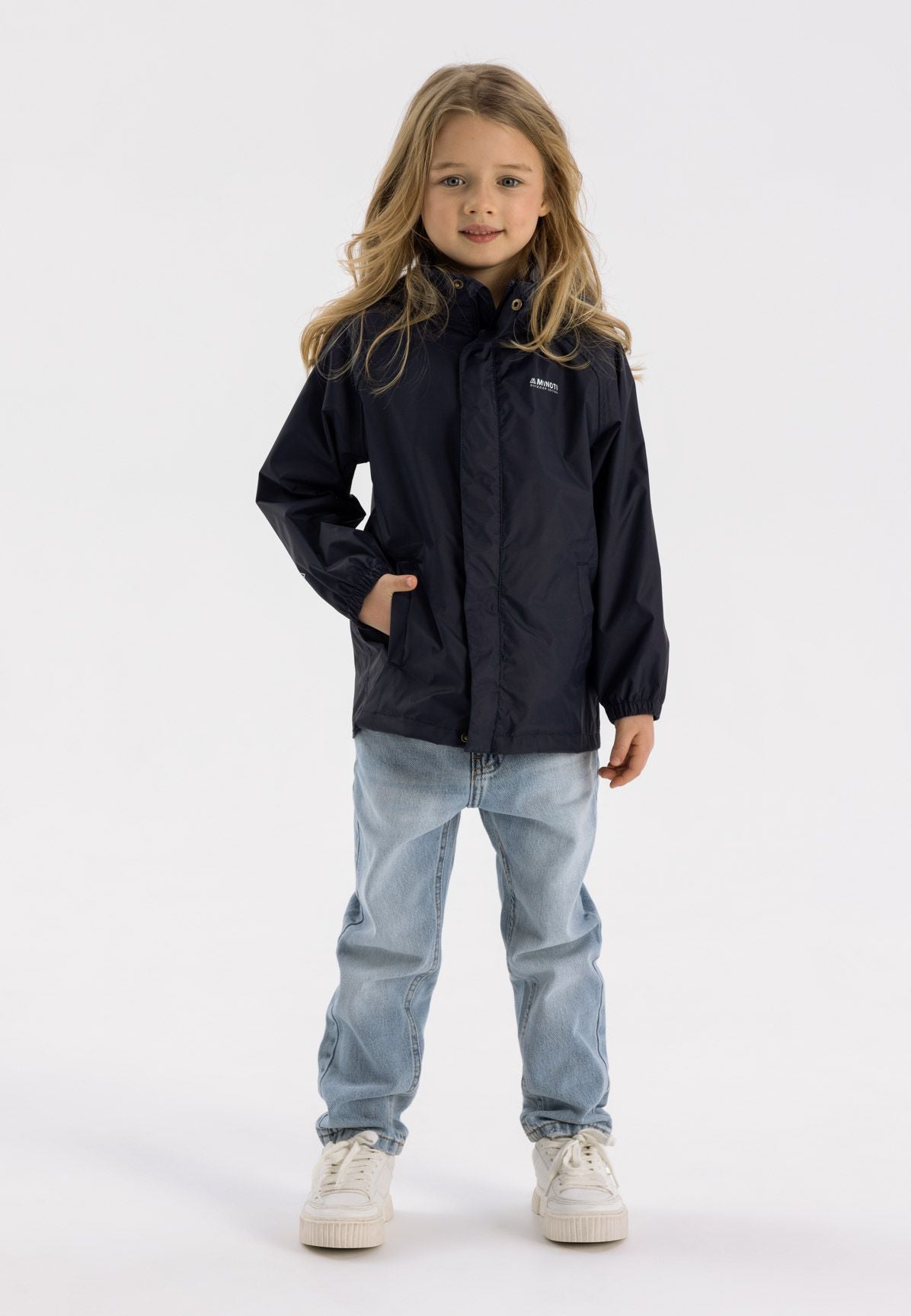 Girls' navy packaway hooded jacket, shown worn.