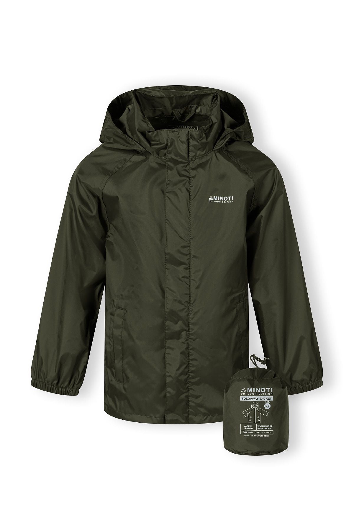 Kids packaway waterproof jacket in khaki, front view with hood and adjustable cuffs.