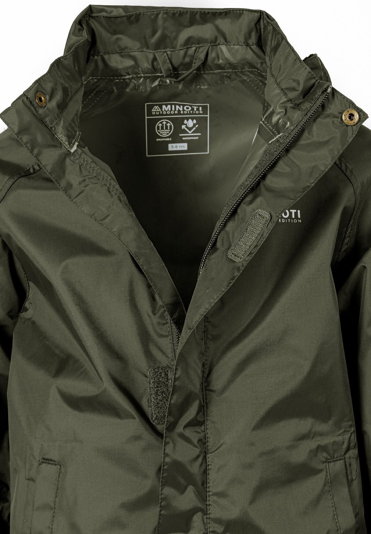 Kids packaway waterproof jacket in khaki, front view with hood and velcro closure.