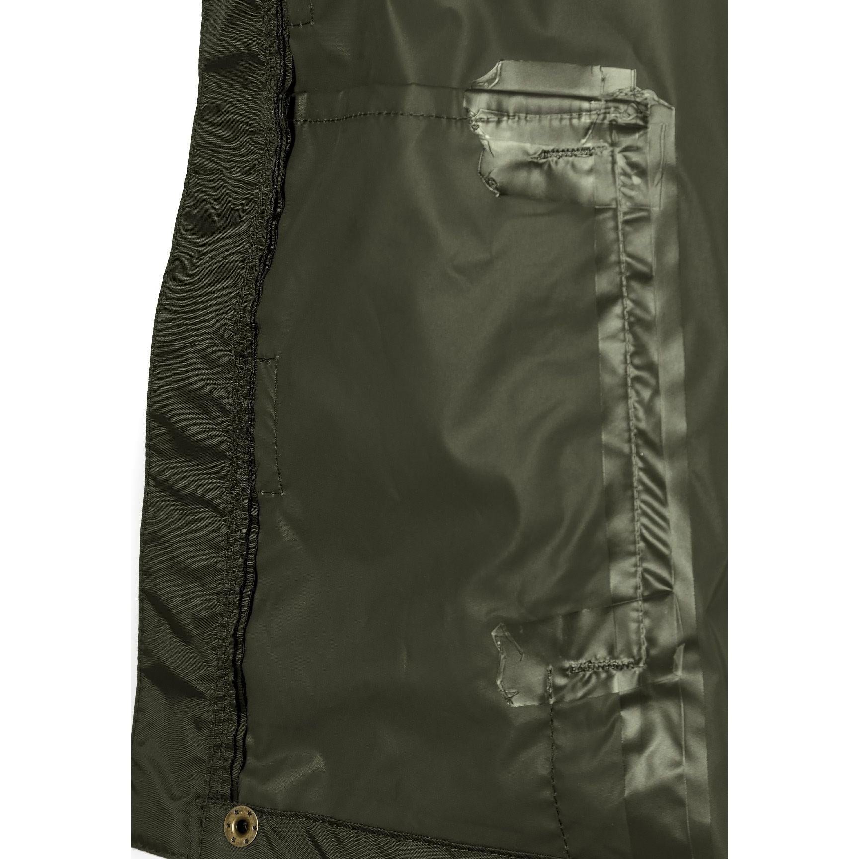 Close-up detail of khaki jacket's interior showing packaway storage pocket with zipper