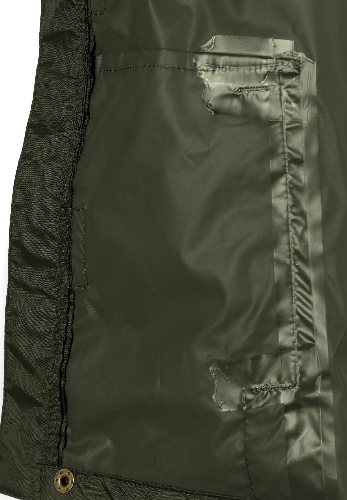 Close-up of the inside placket on the khaki packaway hooded jacket.