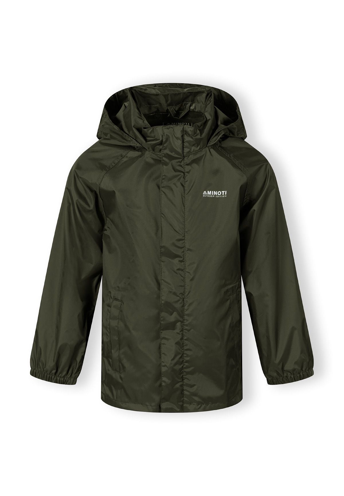 Kids packaway waterproof jacket in khaki, front view with hood and logo.
