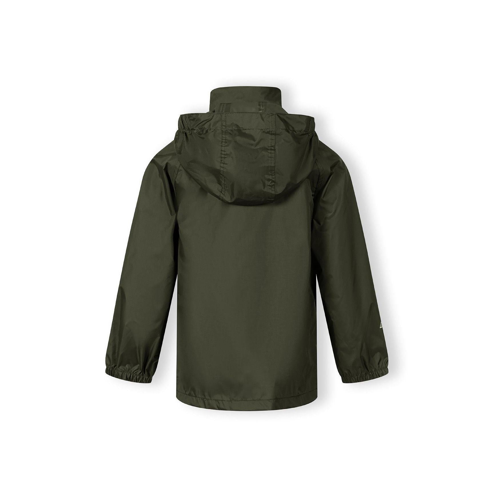Back view of khaki packaway waterproof jacket showing hood and elasticated hem detail