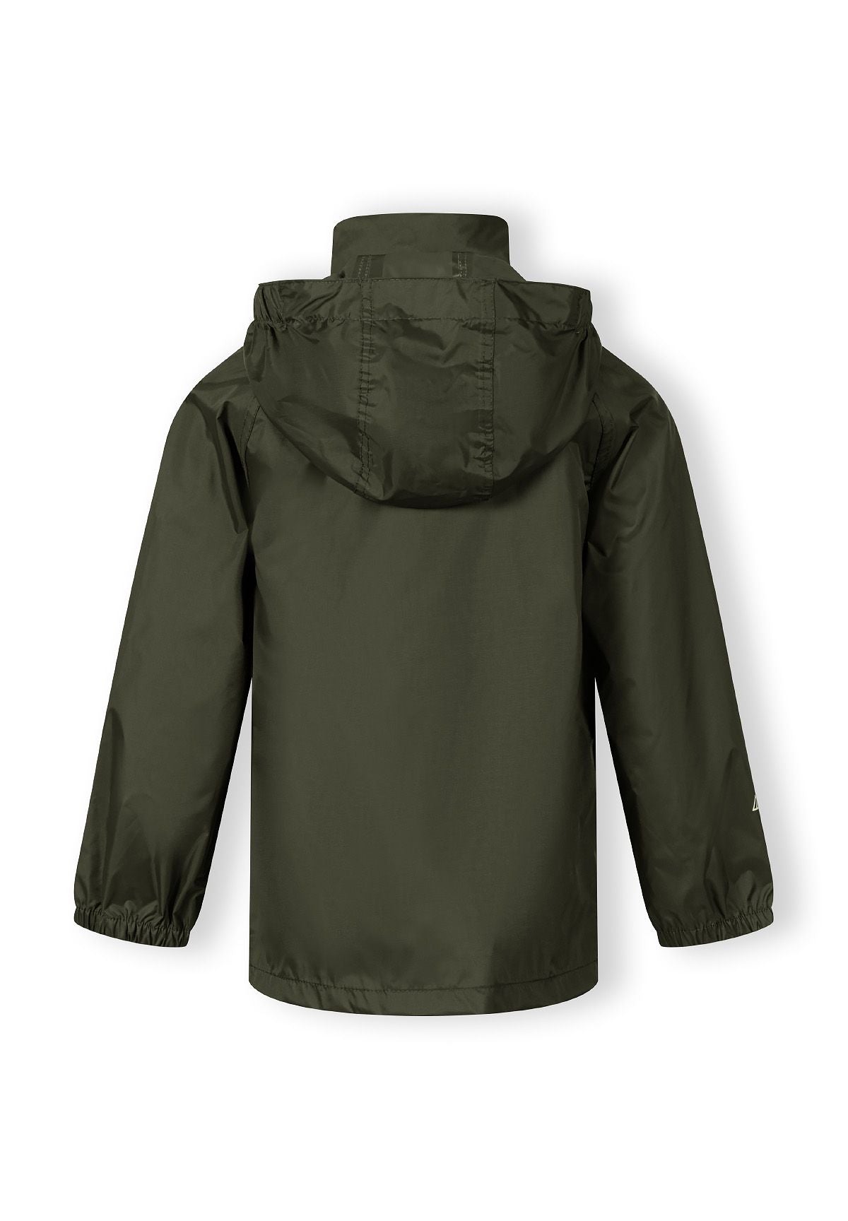 Kids khaki waterproof jacket back view with hood and elastic cuffs.