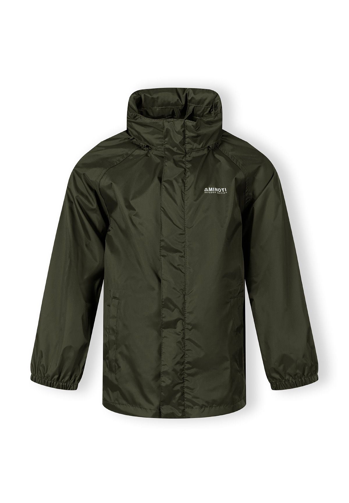 Kids khaki waterproof jacket front view with hood and elastic cuffs.