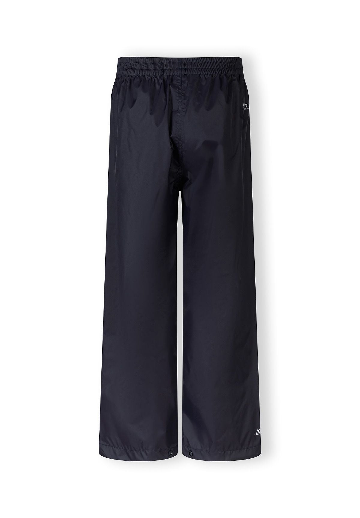 Kids waterproof overpants in navy, back view with elasticated waist and ankle cuffs.