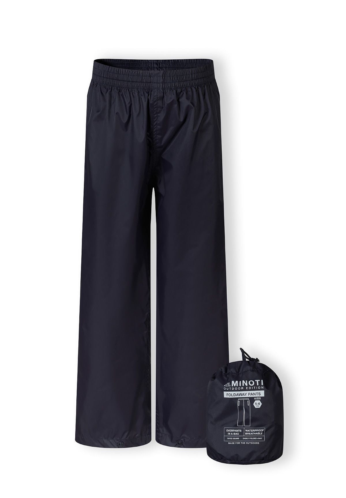 Kids waterproof packaway overpants in navy, front view with elasticated waist and ankle cuffs.