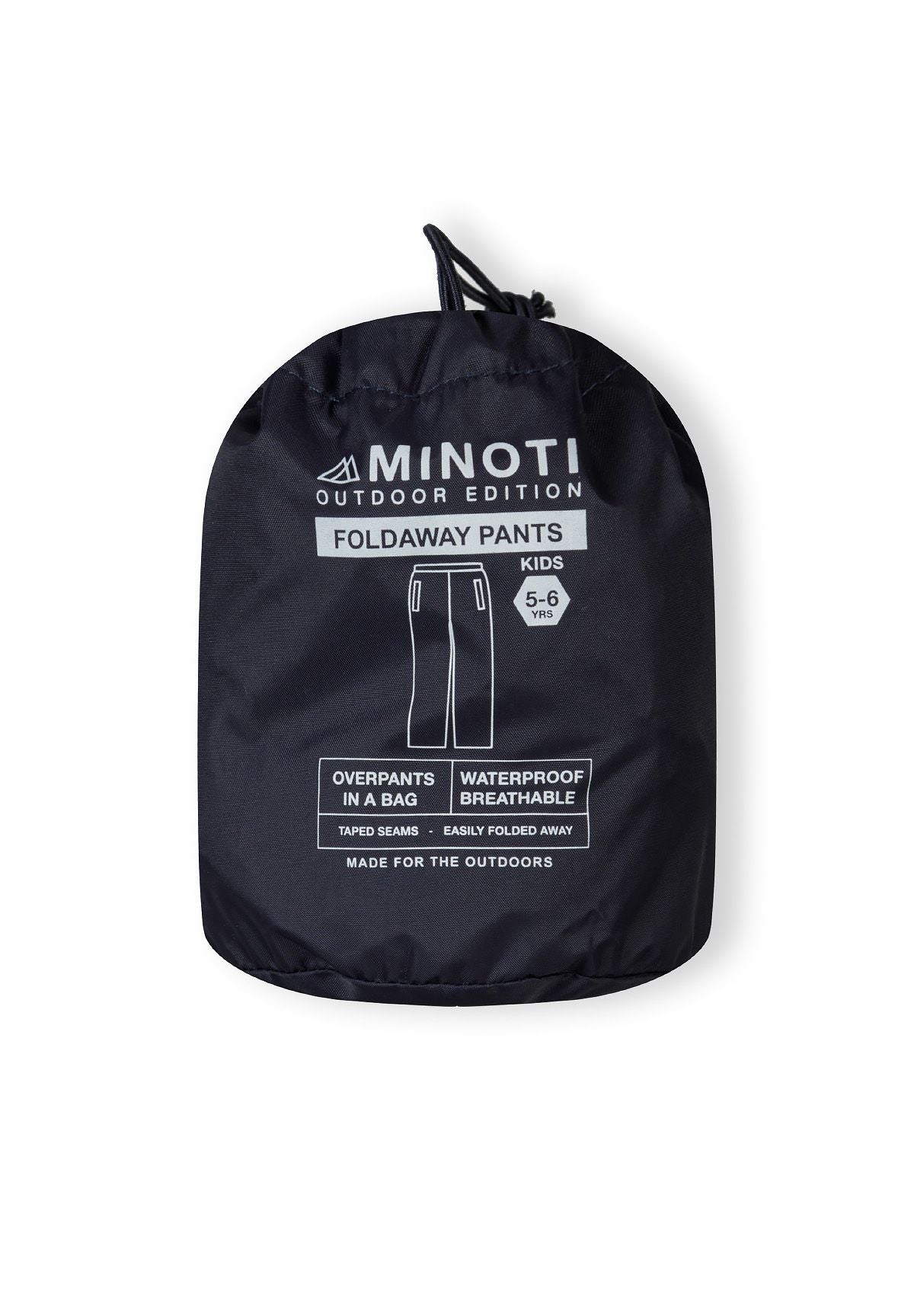 Detail of navy waterproof packaway overpants for kids, featuring a drawstring closure.