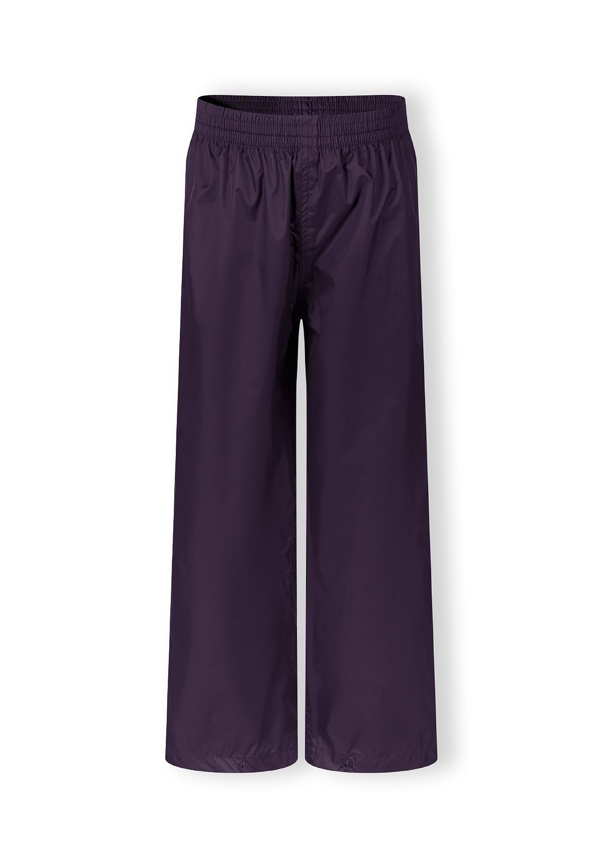 Packaway waterproof overpants in solid purple, front view, featuring elasticated waist and ankle cuffs.