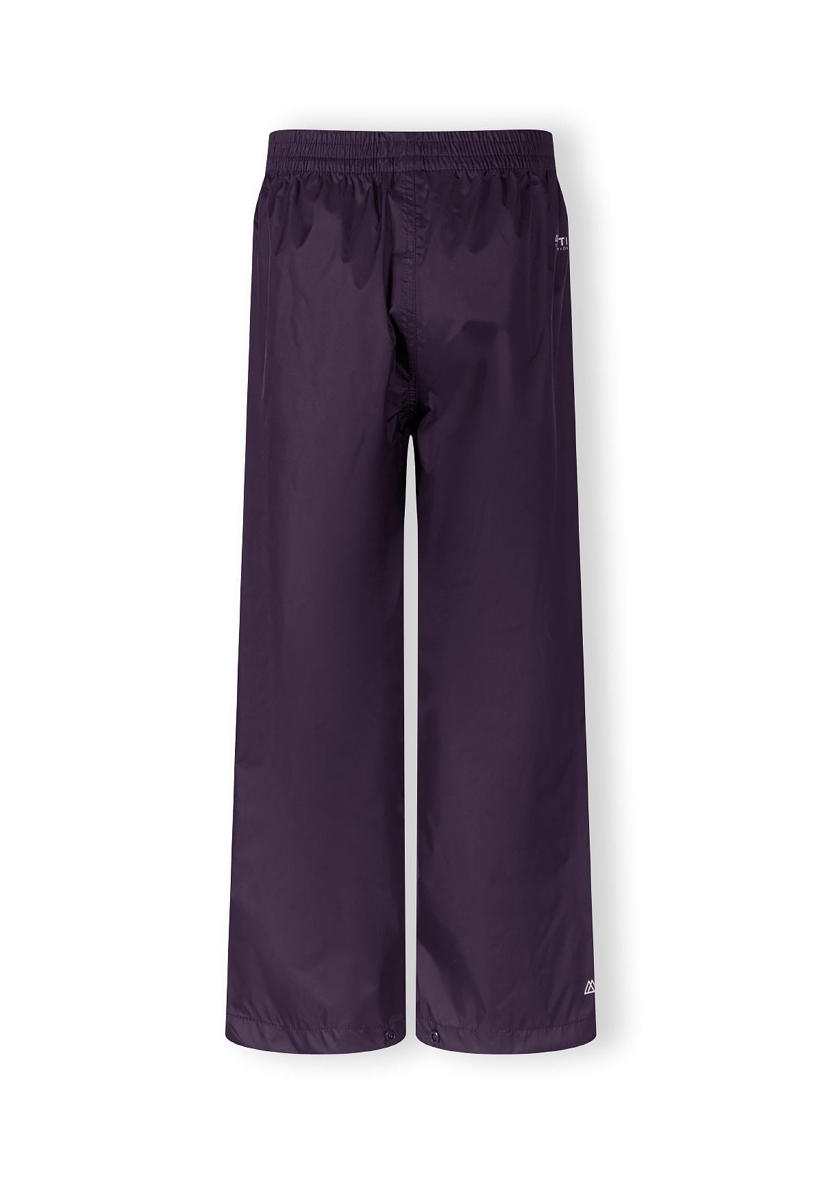 Back view of purple waterproof overpants for children, featuring elasticated waist and ankle cuffs.