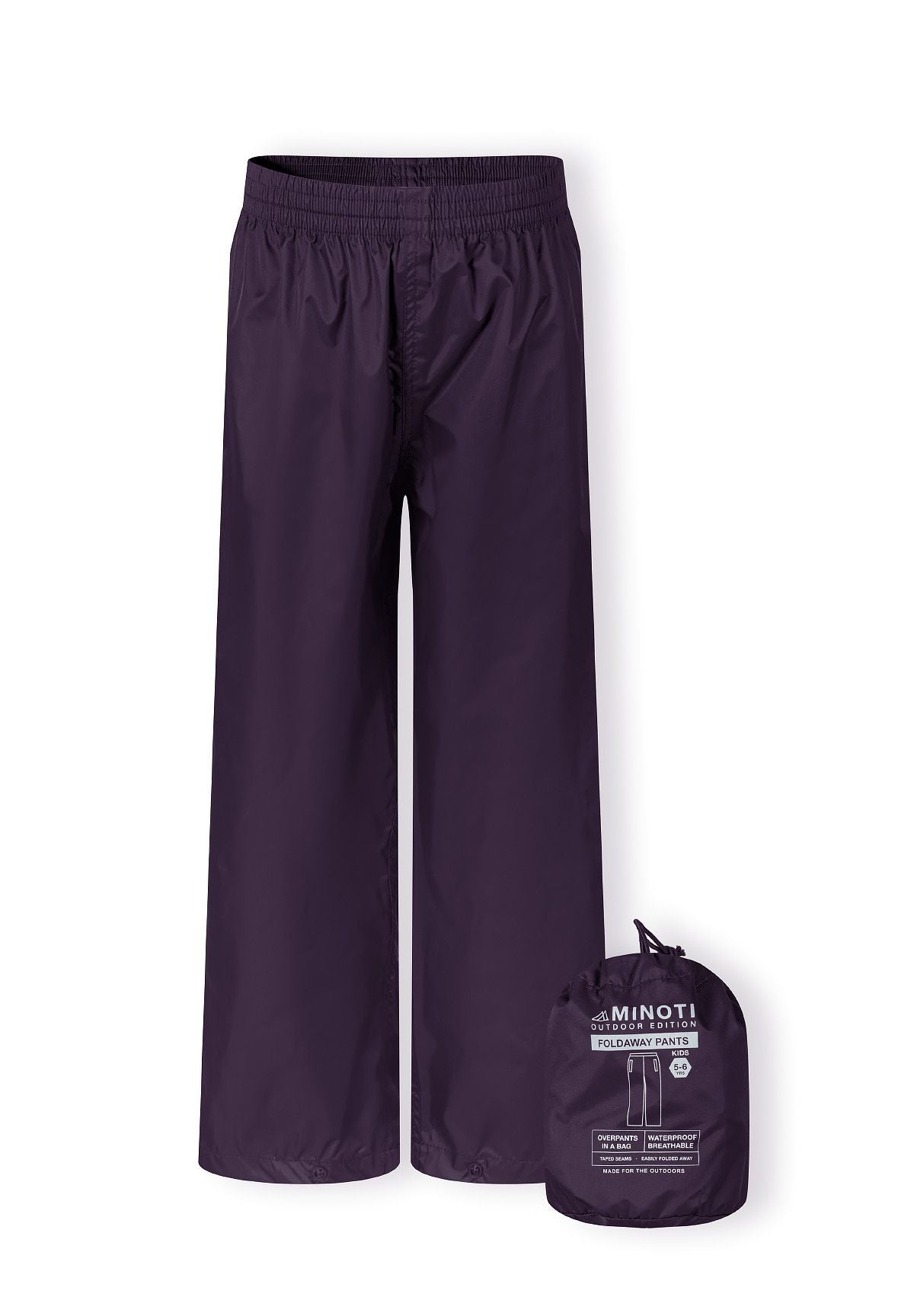 Packaway waterproof overpants in purple, featuring elasticated waist and ankle cuffs.