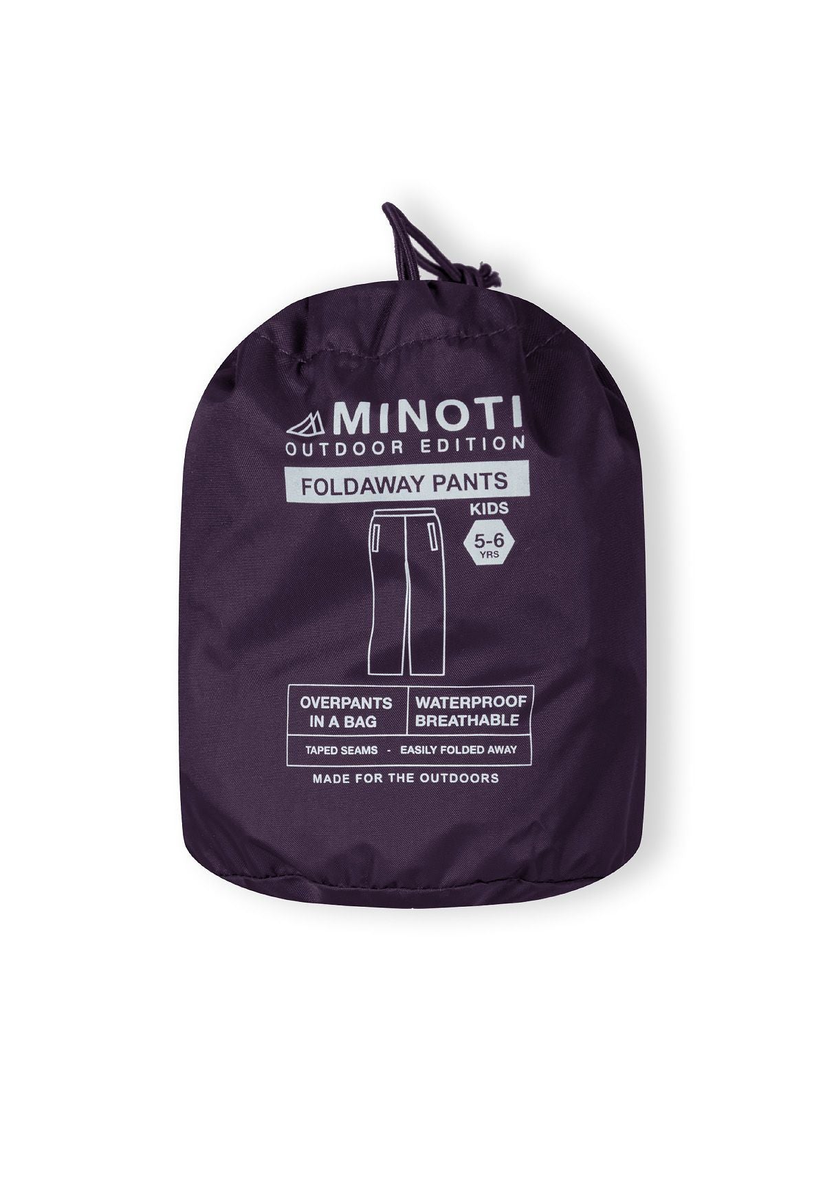 Packaway waterproof overpants in purple, compact design with drawstring closure.