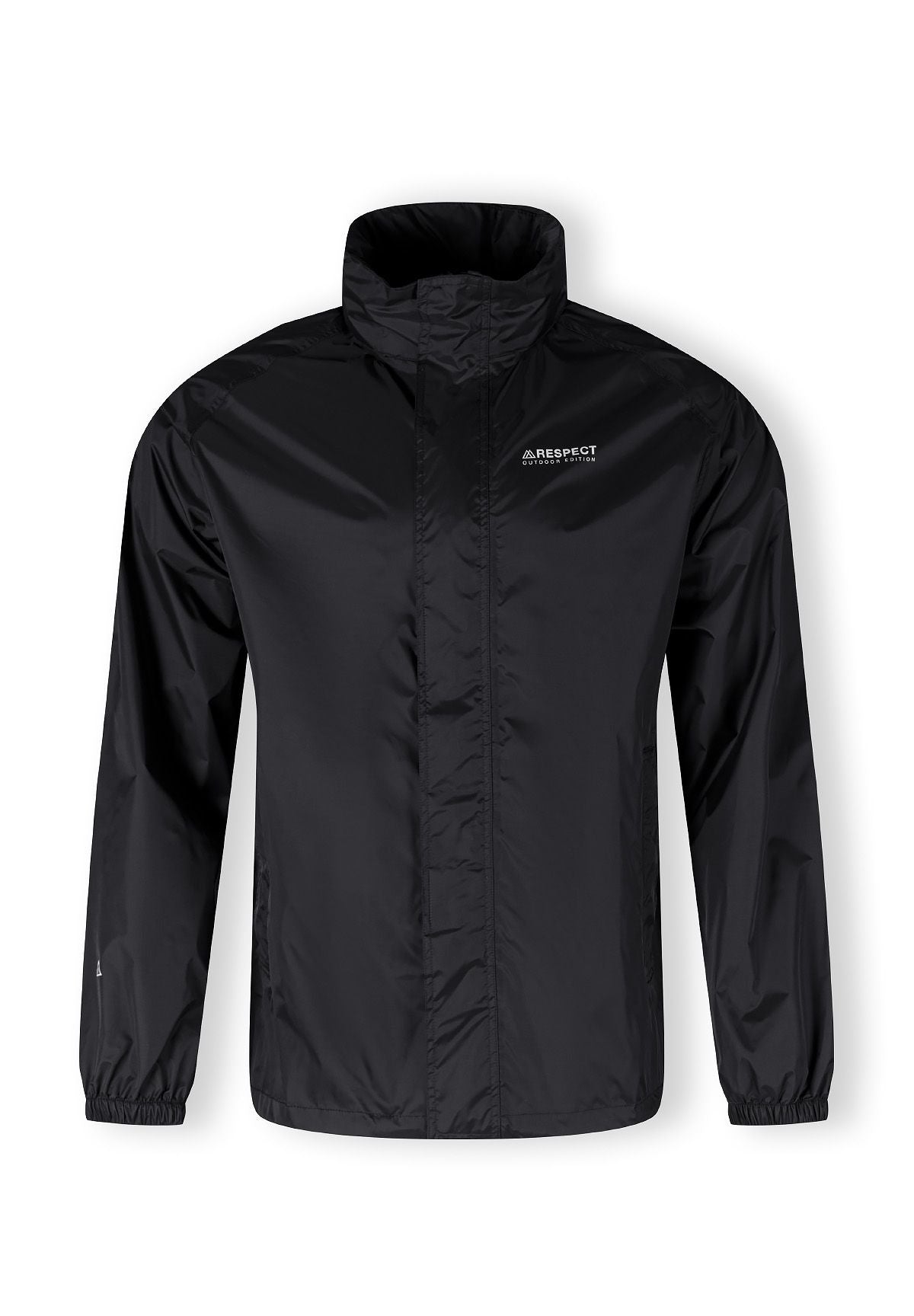 Men's packaway waterproof jacket, black, front view with zip fastening and logo.