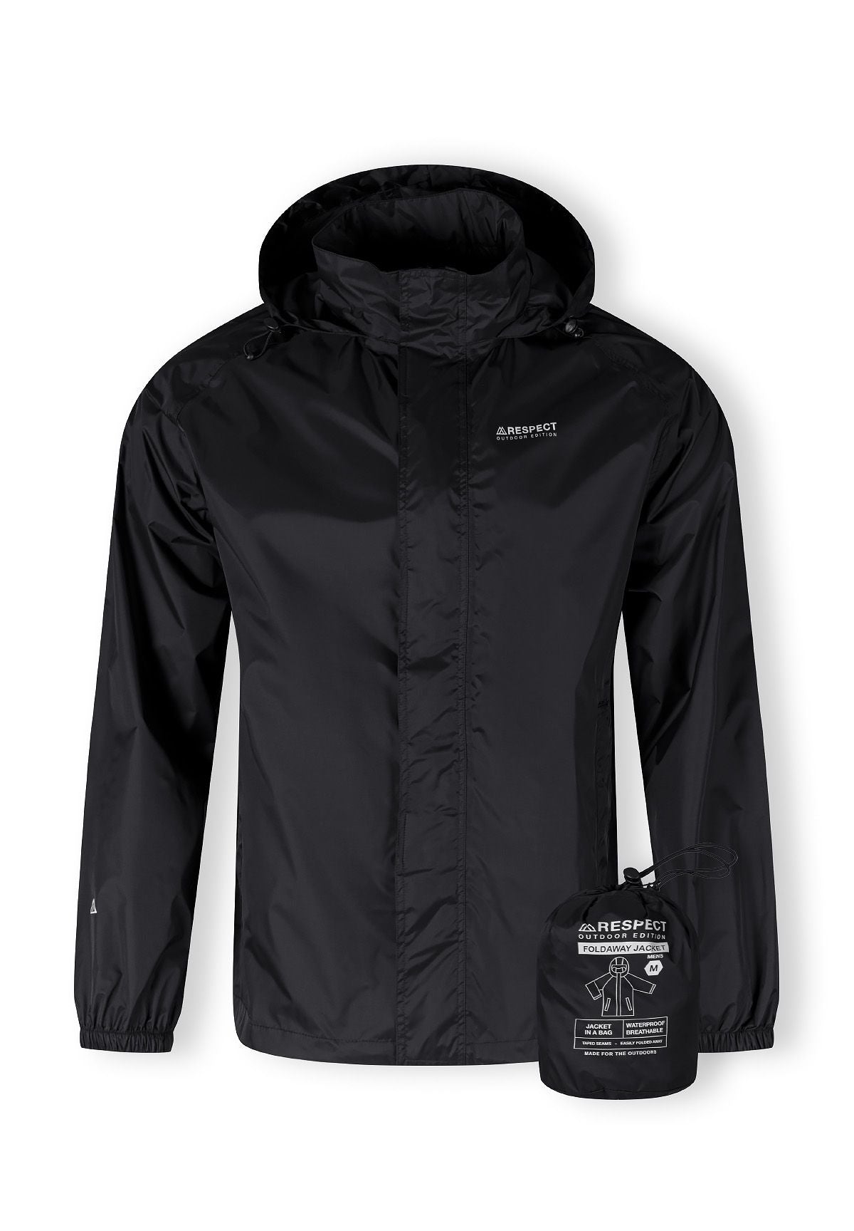 Men's black packaway waterproof jacket, front view, features zip fastening and hood.