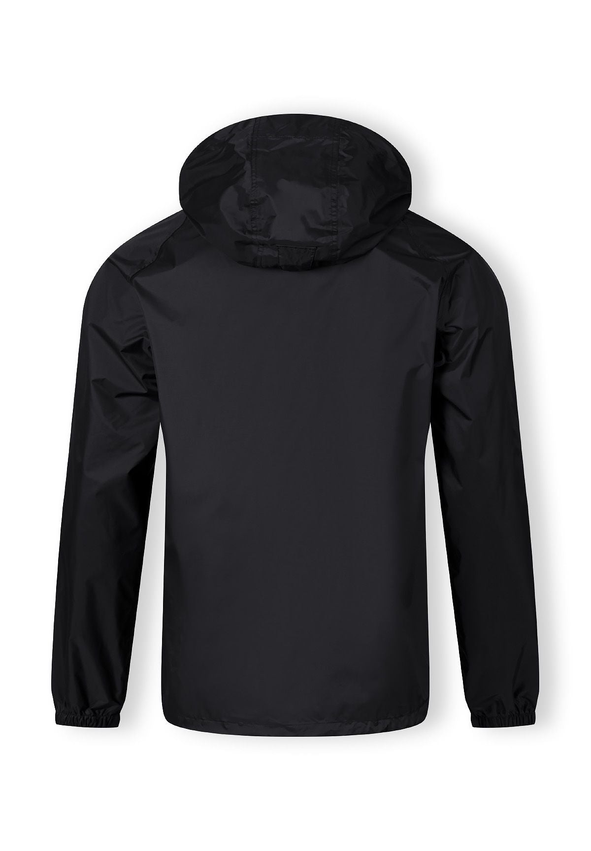 Back view of a men's black packaway waterproof jacket with hood.