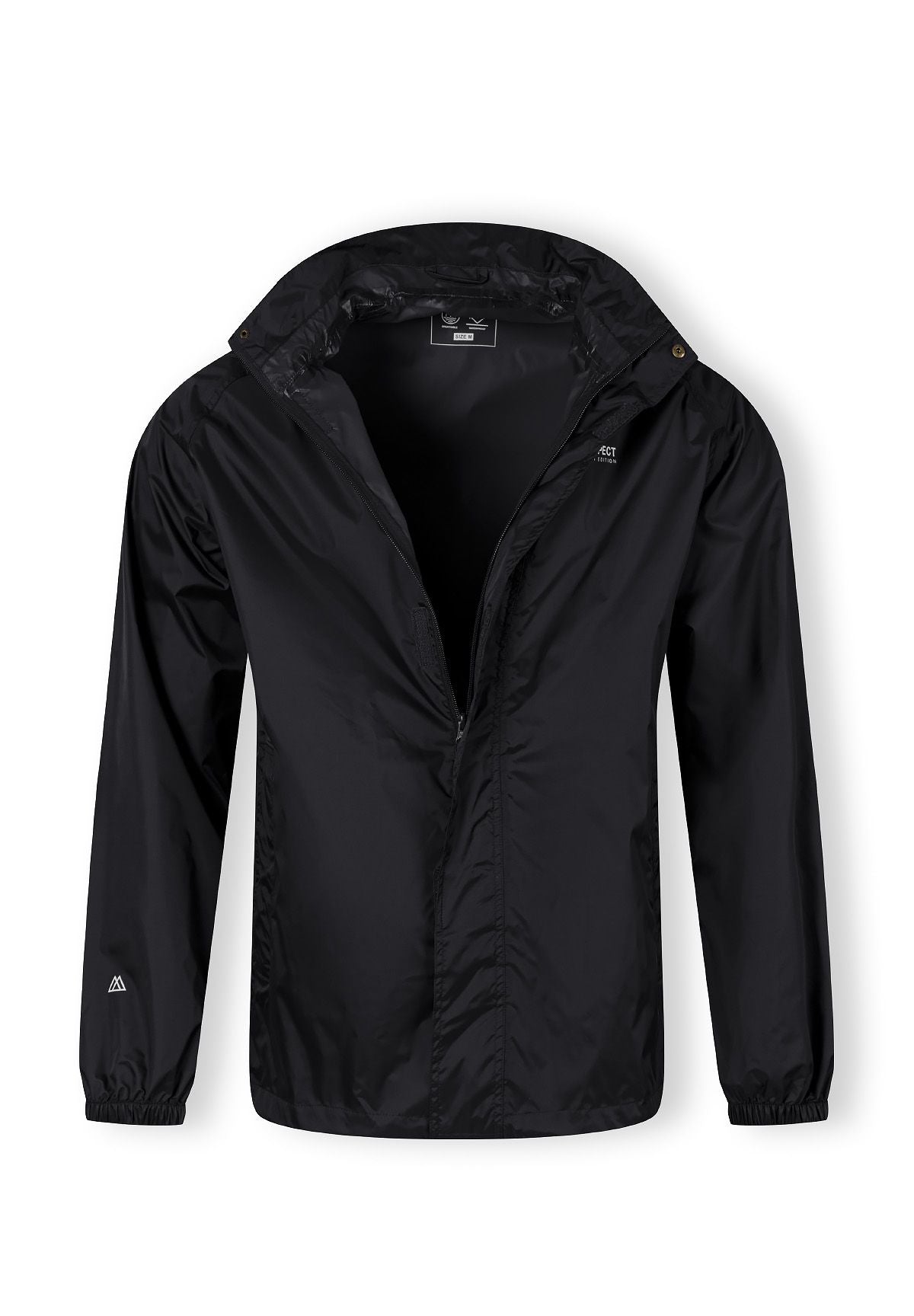 Men's black packaway waterproof jacket, front view, features zip fastening and hood.