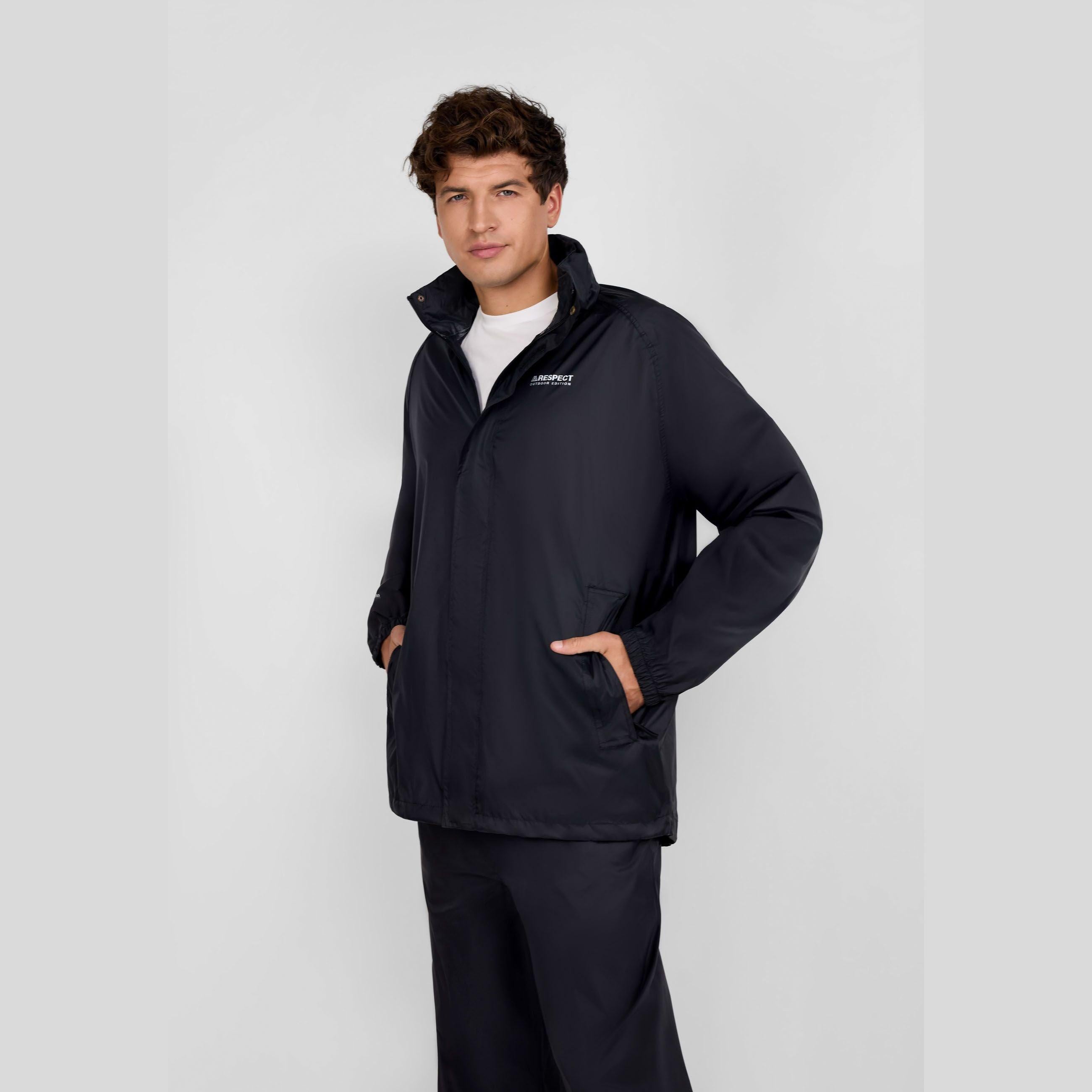 Men's black packaway waterproof jacket with zip front, packaway hood, and chest/sleeve print detail.