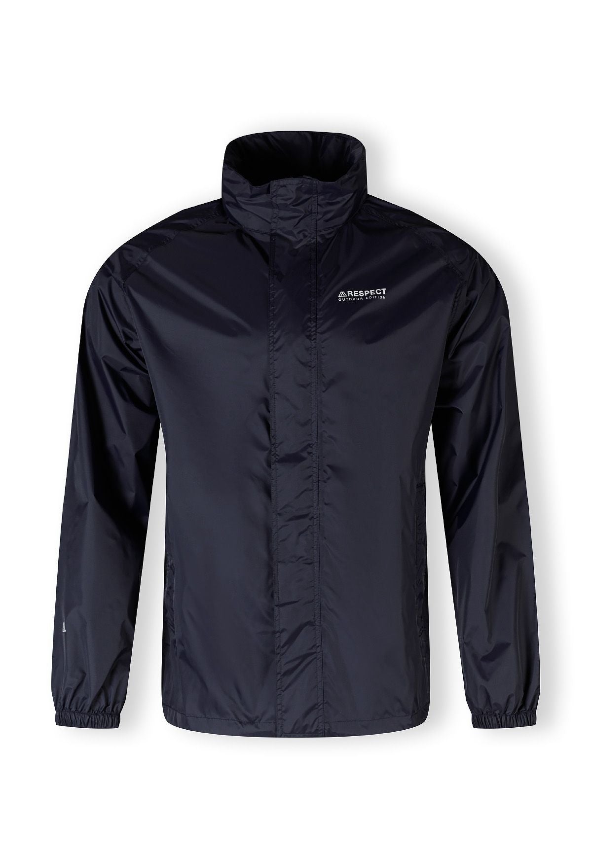 Men's navy packaway waterproof jacket, front view with zip pockets and hood.