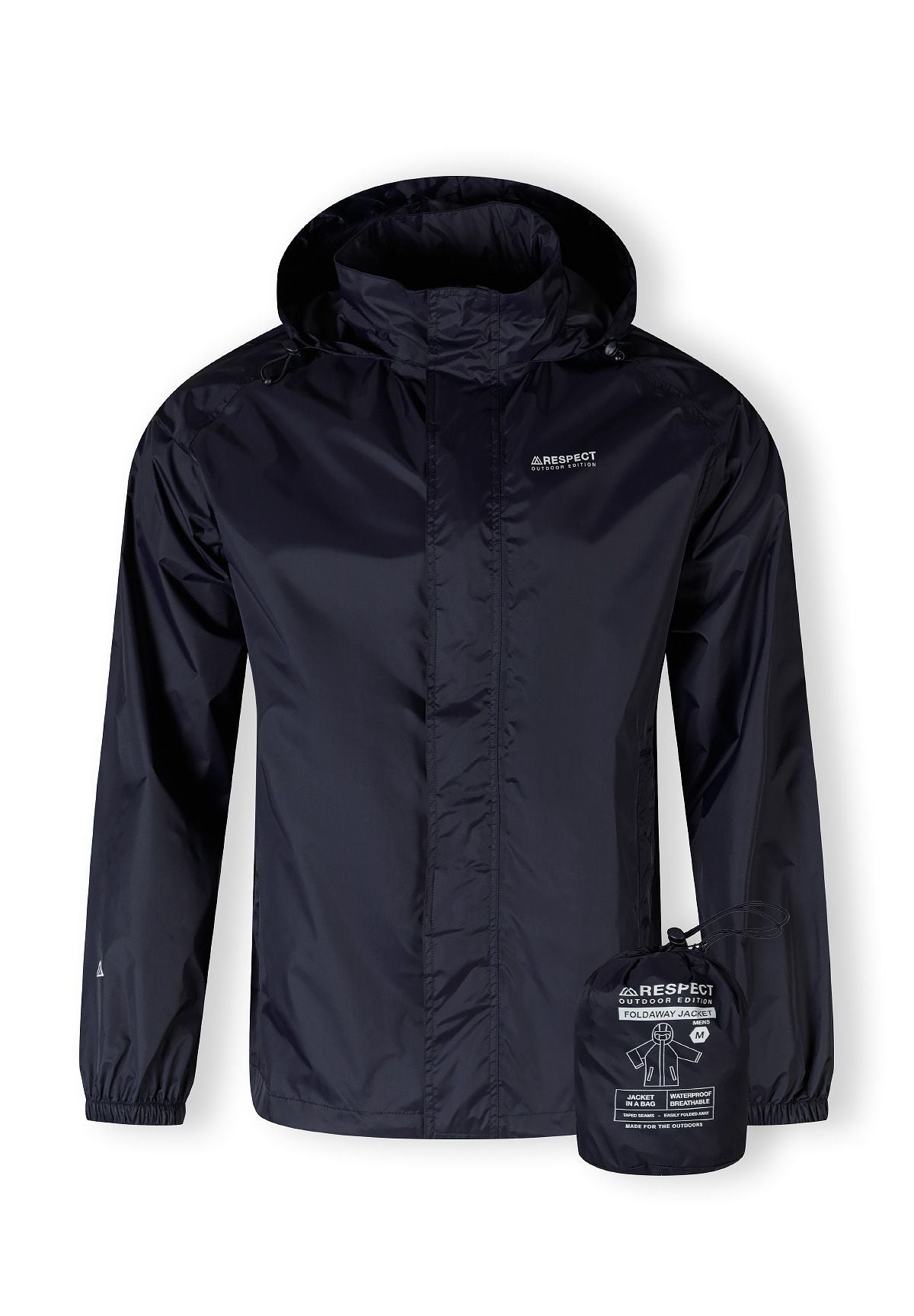 Men's navy packaway waterproof jacket with hood and zip pockets, front view.