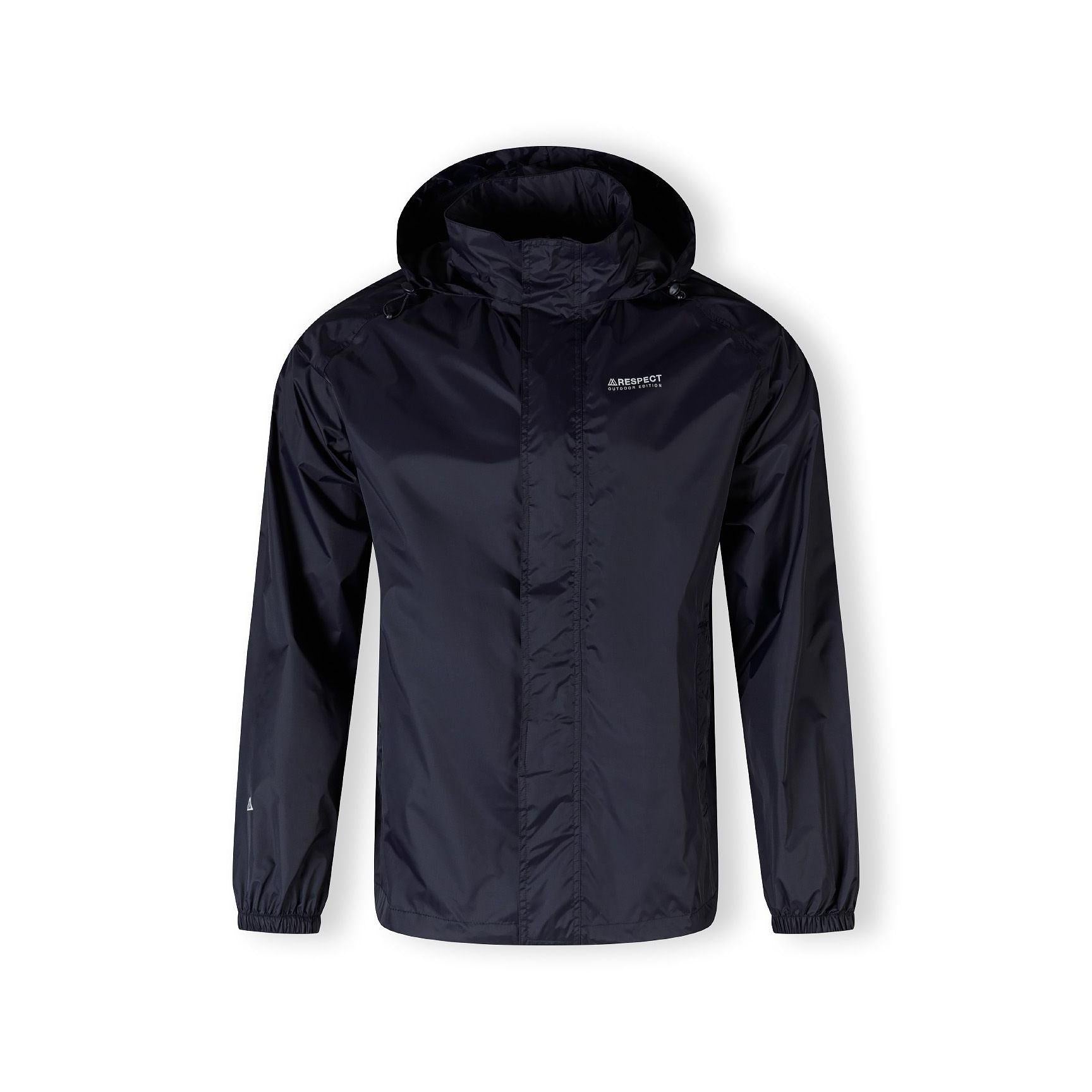 Close-up detail of navy jacket interior showing zip pocket construction and waterproof fabric lining