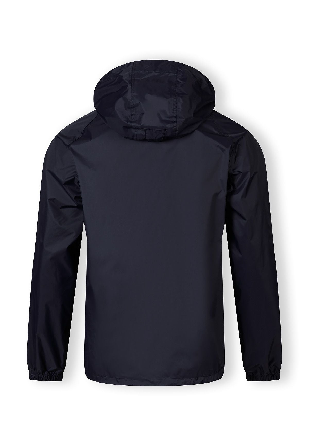 Men's navy waterproof jacket, back view with hood and elasticated cuffs.