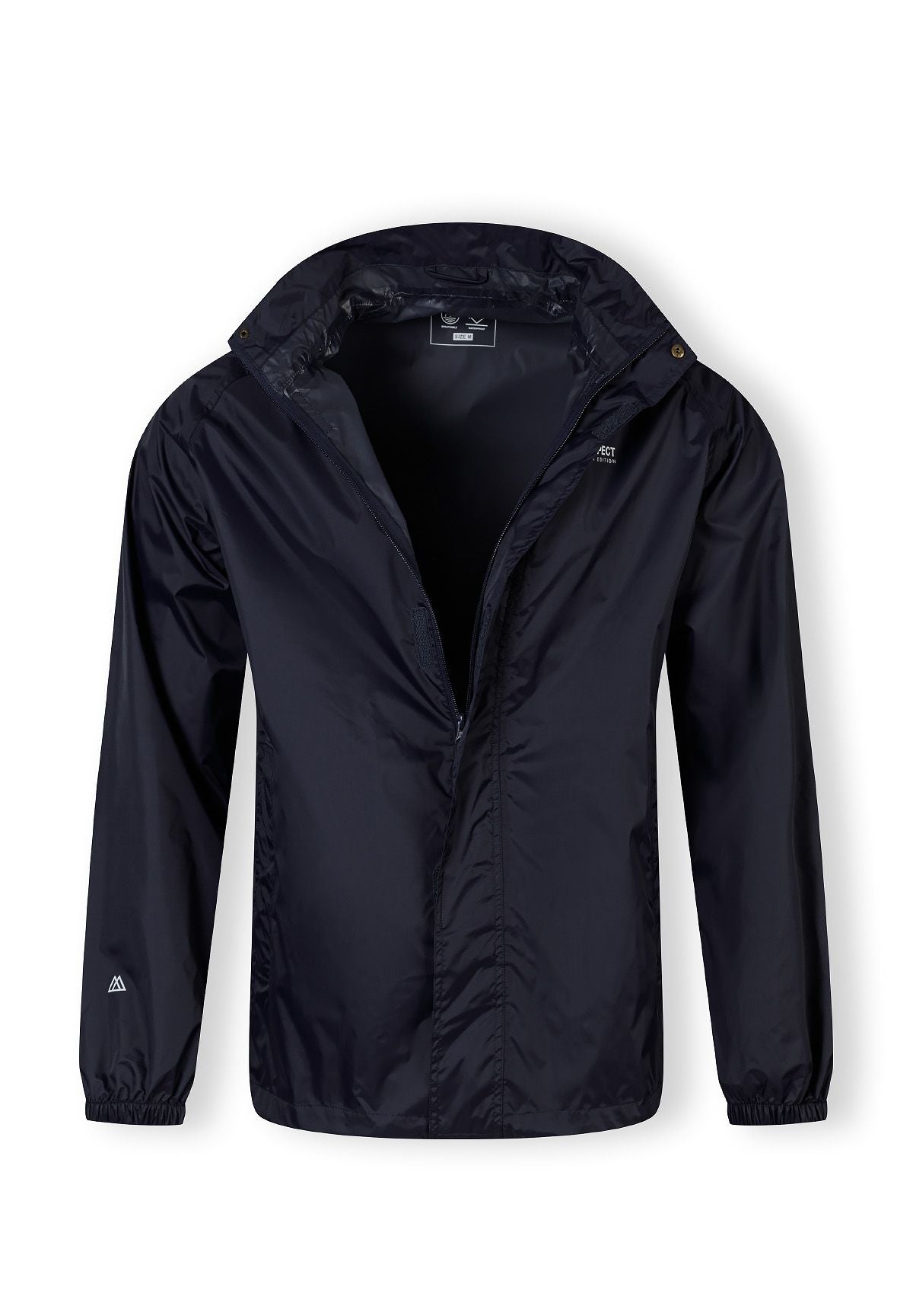 Men's packaway waterproof jacket in navy, front view with hood and zip pockets.