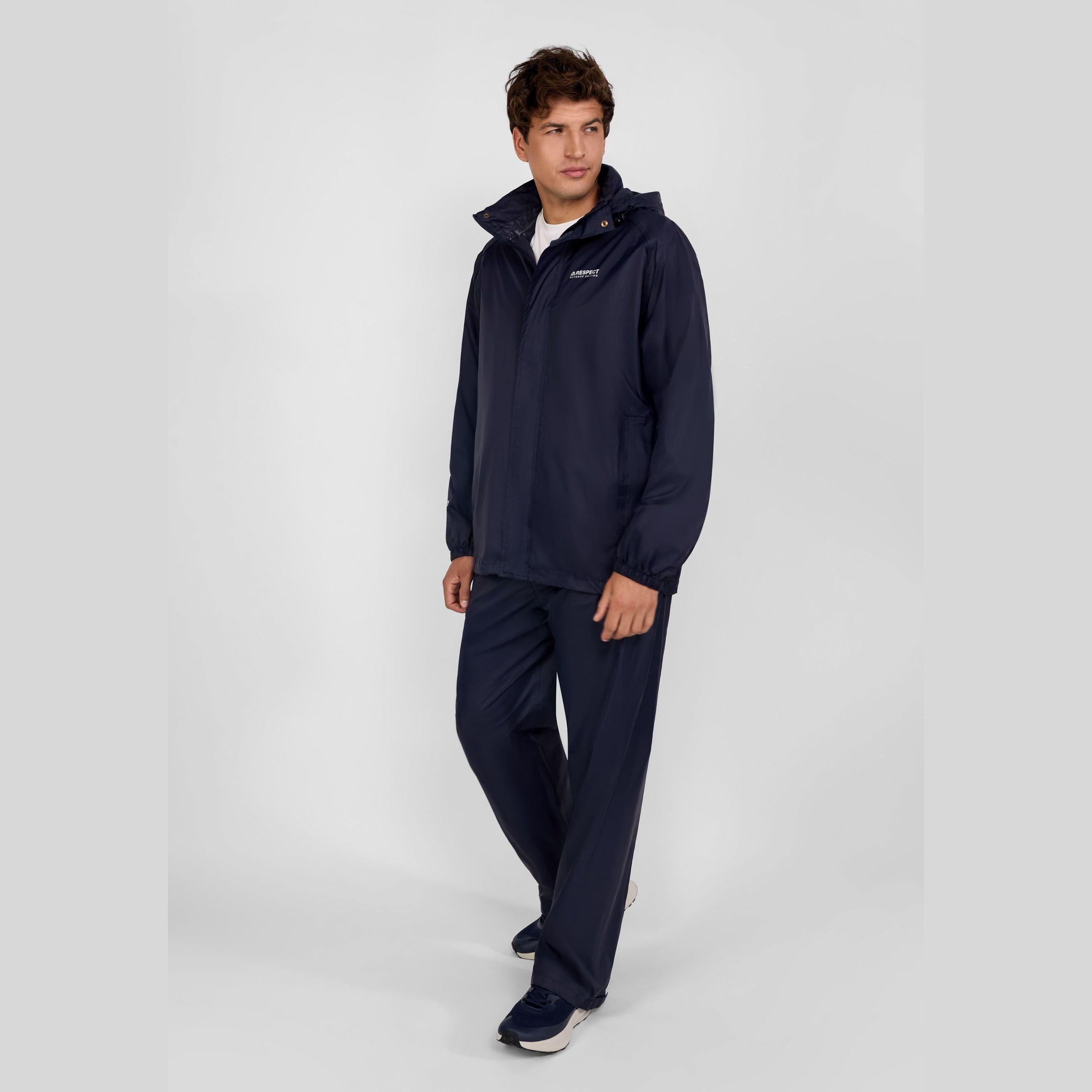 Close-up detail of navy jacket interior showing zip pocket construction and waterproof fabric lining