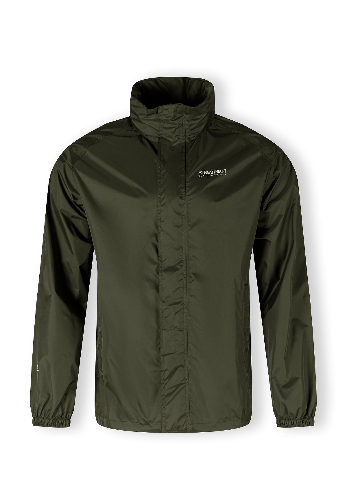 Men's khaki waterproof jacket, front view, features concealed hood and zippered pockets.