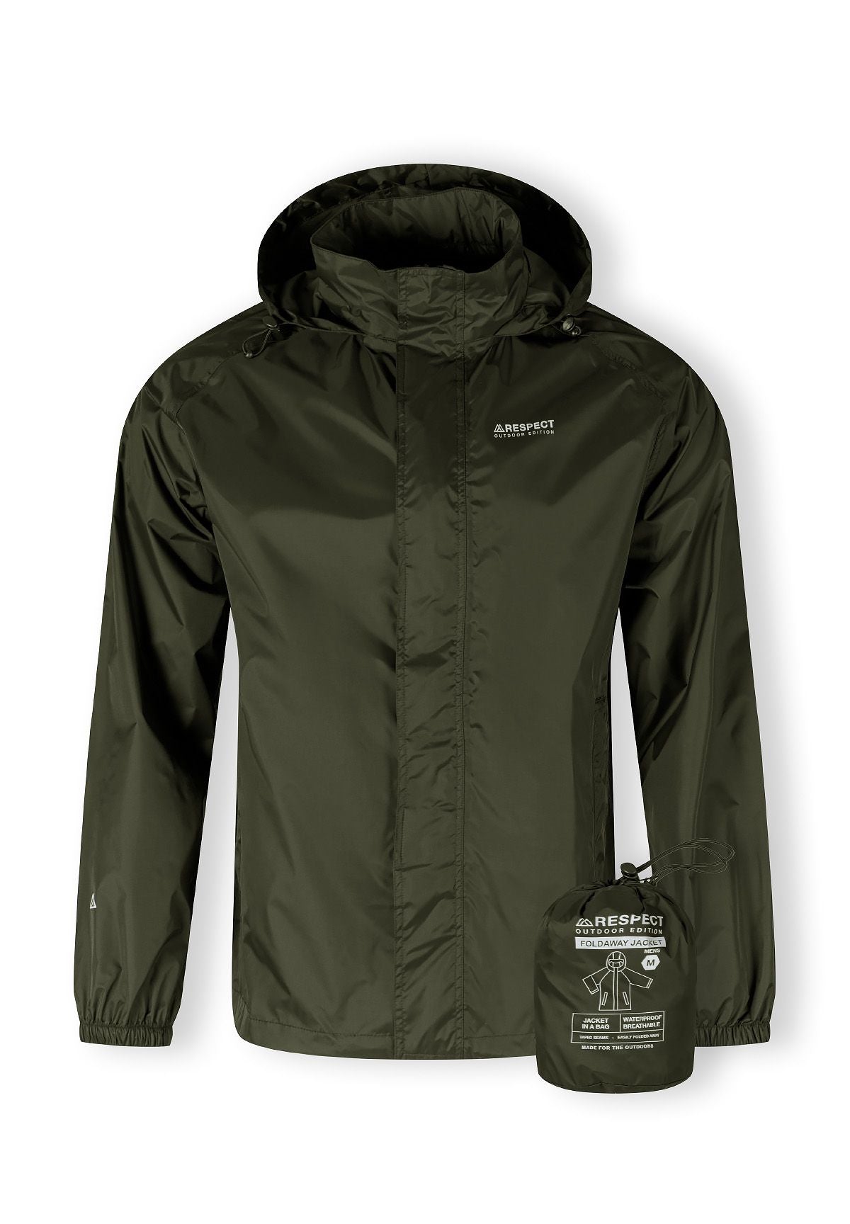 Men's khaki waterproof jacket, front view, features a concealed hood and zippered pockets.