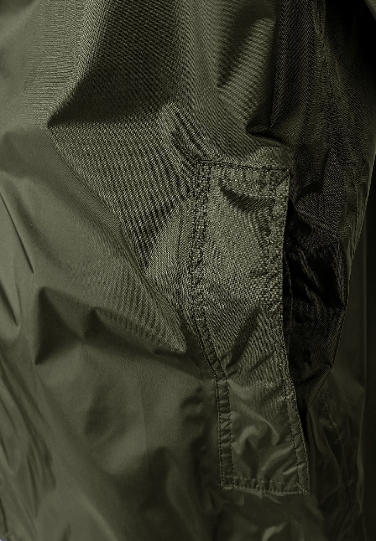 Detail of khaki men's waterproof jacket showing zippered pocket and fabric texture.