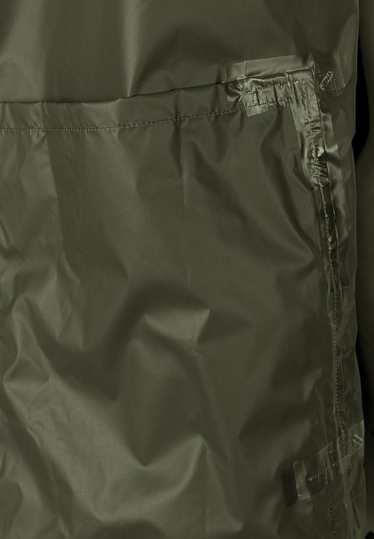 Detail of a khaki men's waterproof jacket showing a zippered pocket and fabric texture.