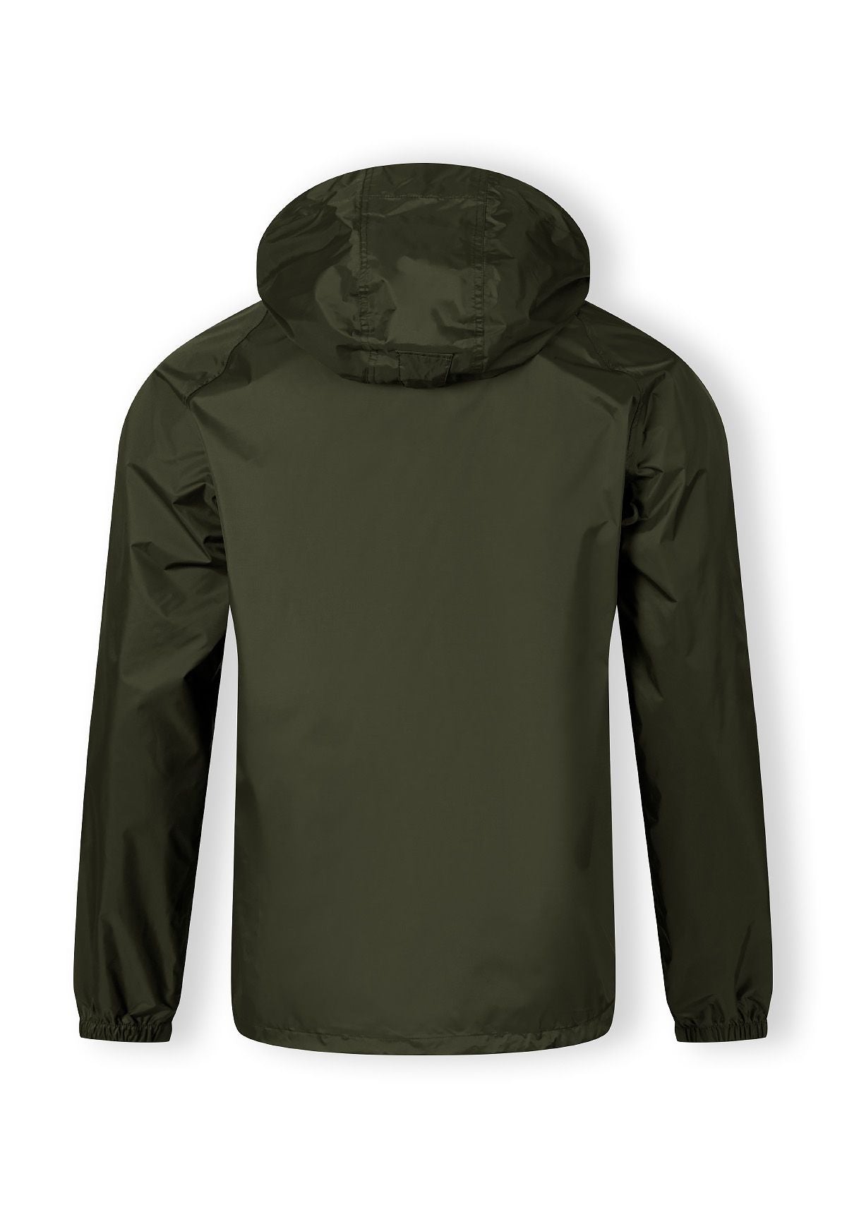 Back view of a khaki men's waterproof jacket with a hood and elasticated cuffs.