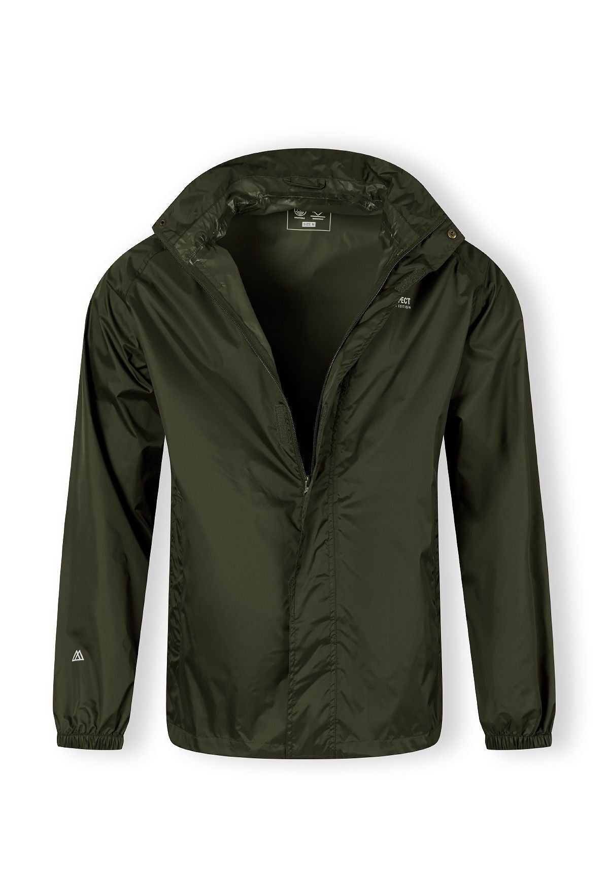 Men's khaki waterproof jacket, front view, features concealed hood and zippered pockets.
