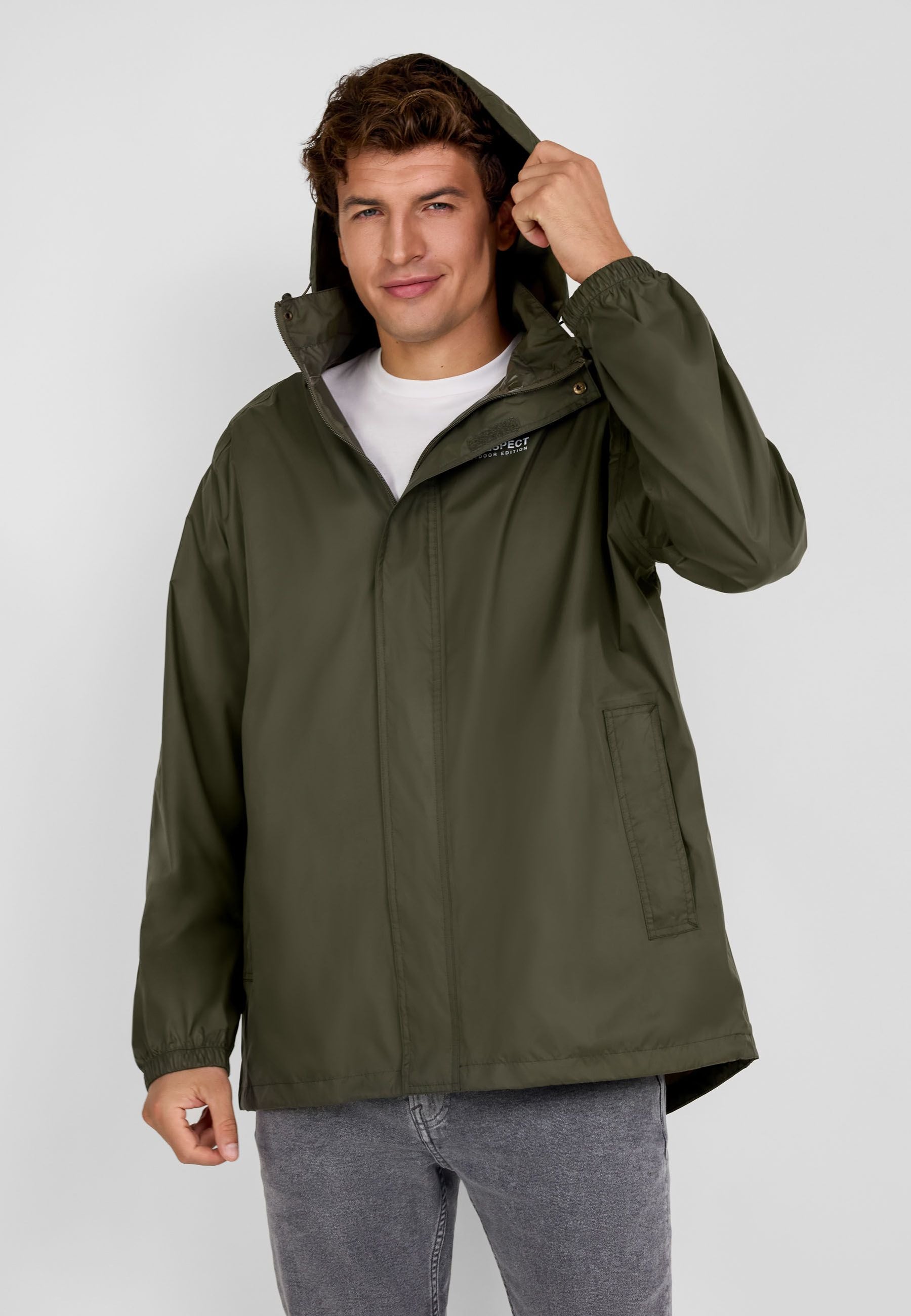 Men's khaki waterproof jacket with hood, front view, featuring zippered pockets and elasticated cuffs.